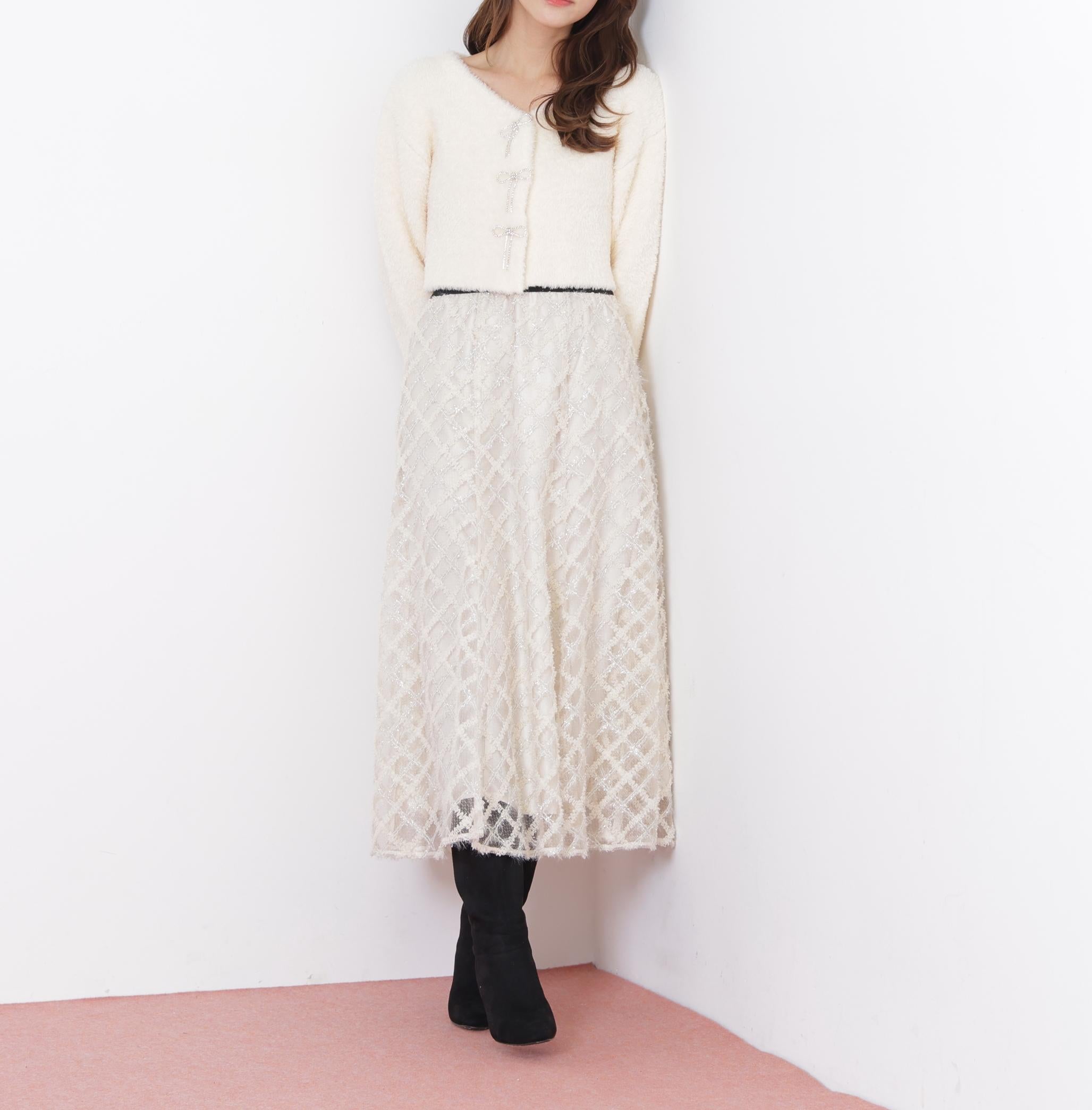 リボンビジューフェザーカーディガン ホワイト