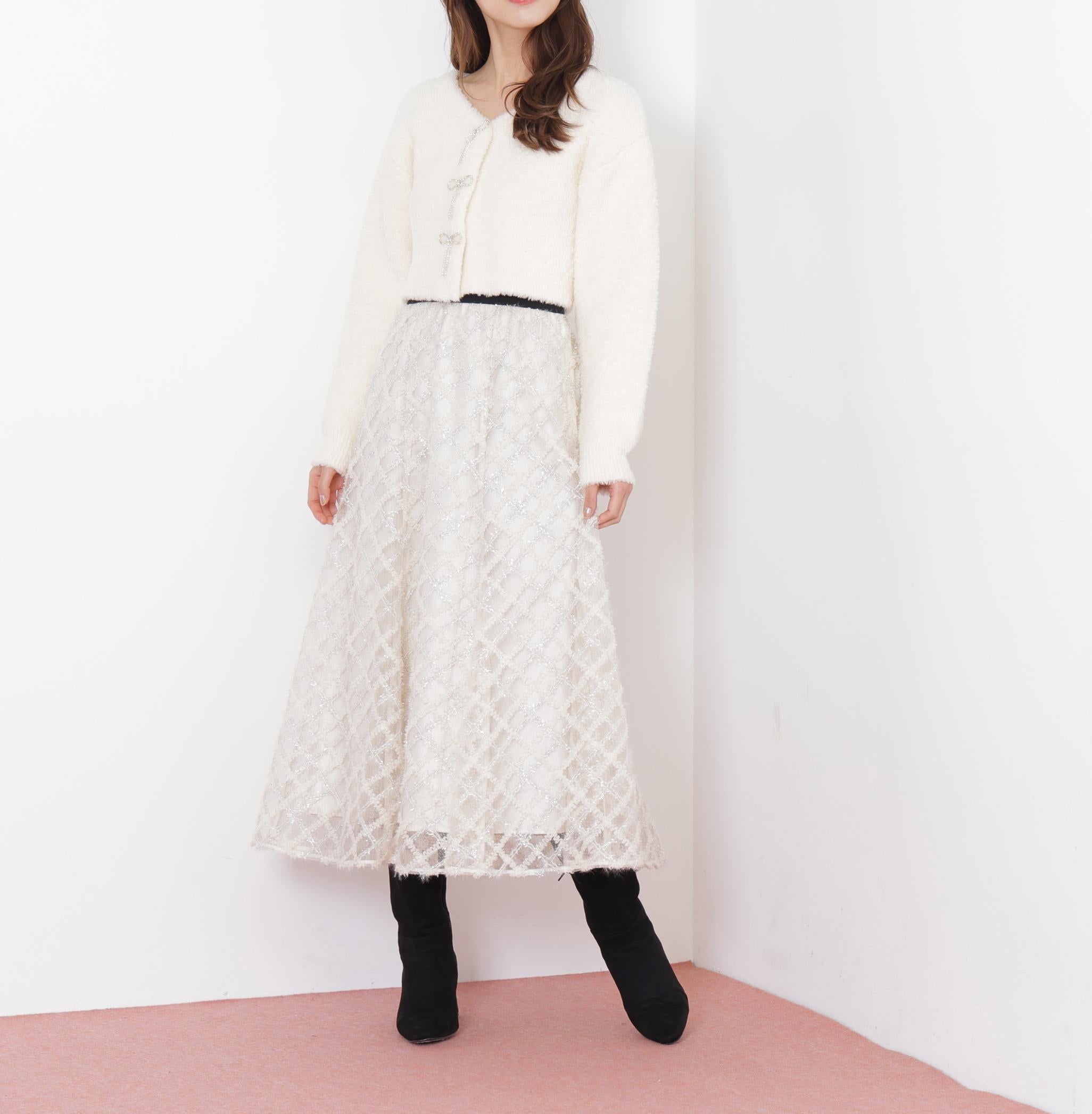 リボンビジューフェザーカーディガン ホワイト