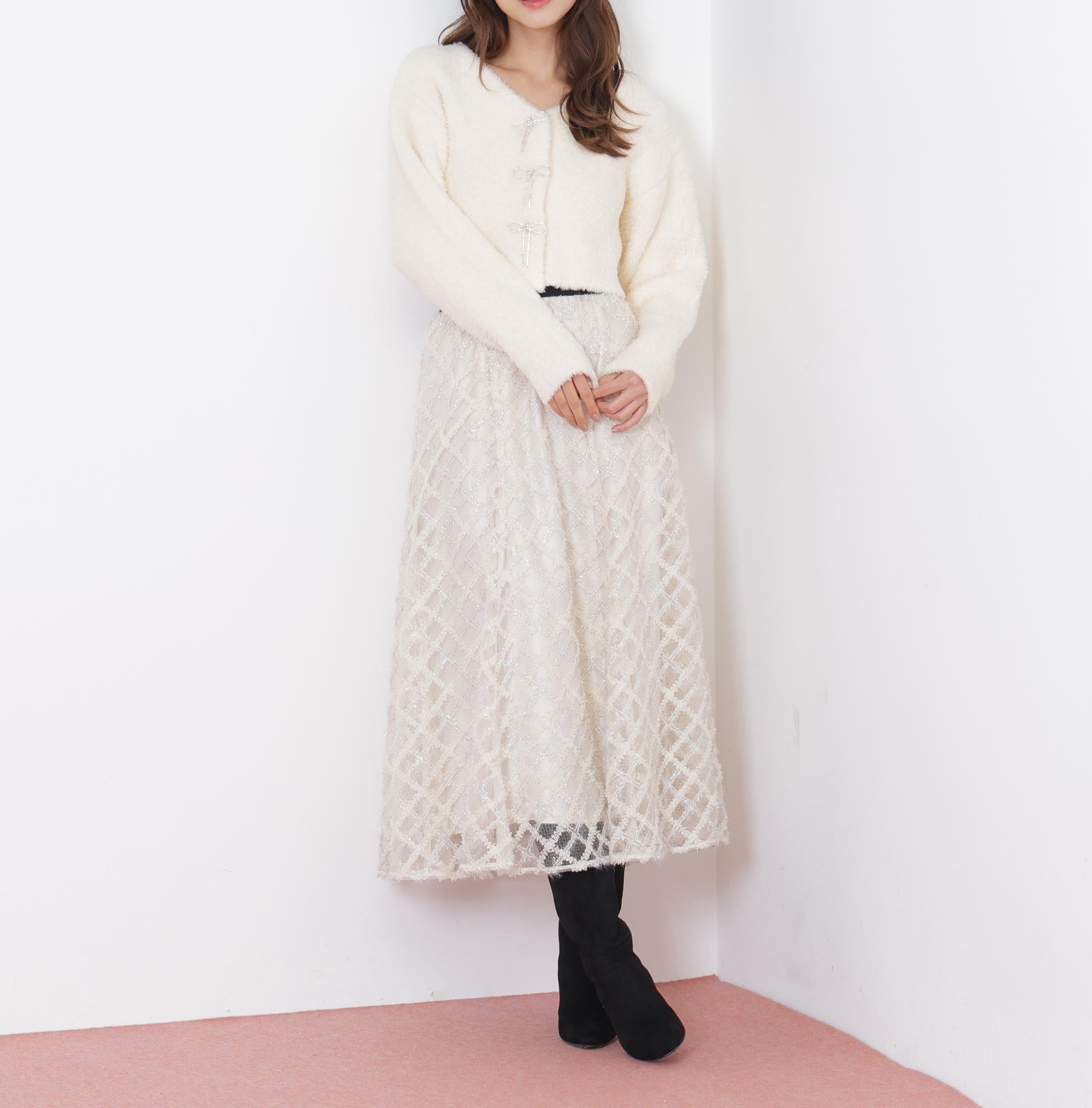 リボンビジューフェザーカーディガン ホワイト