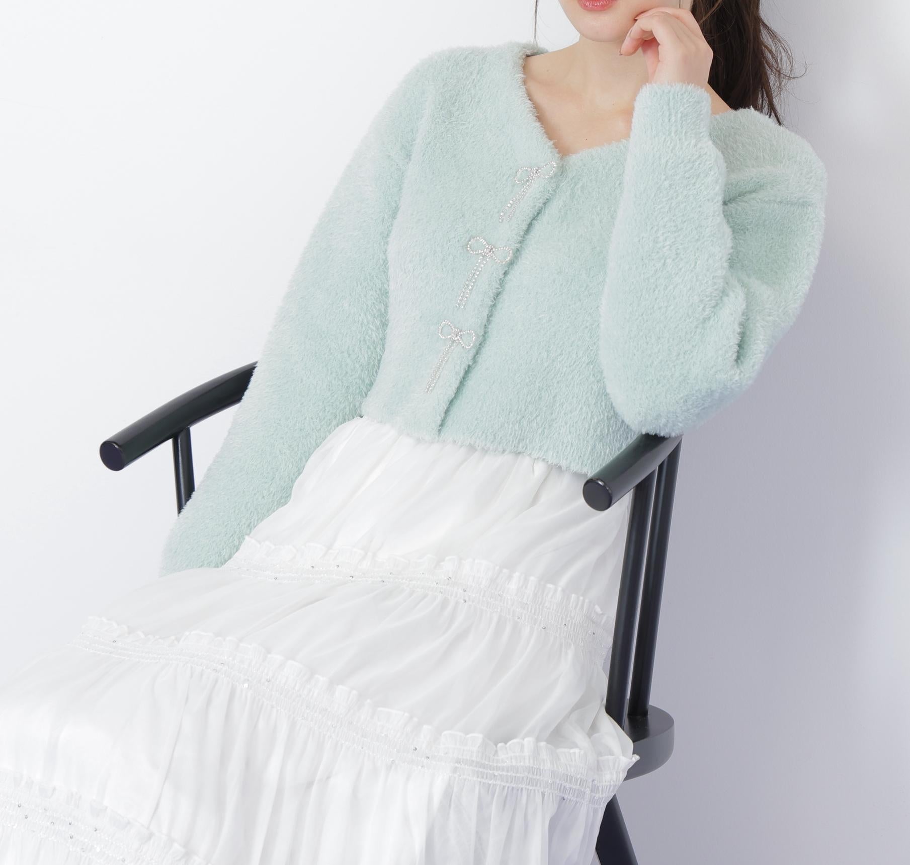 リボンビジューフェザーカーディガン グリーン