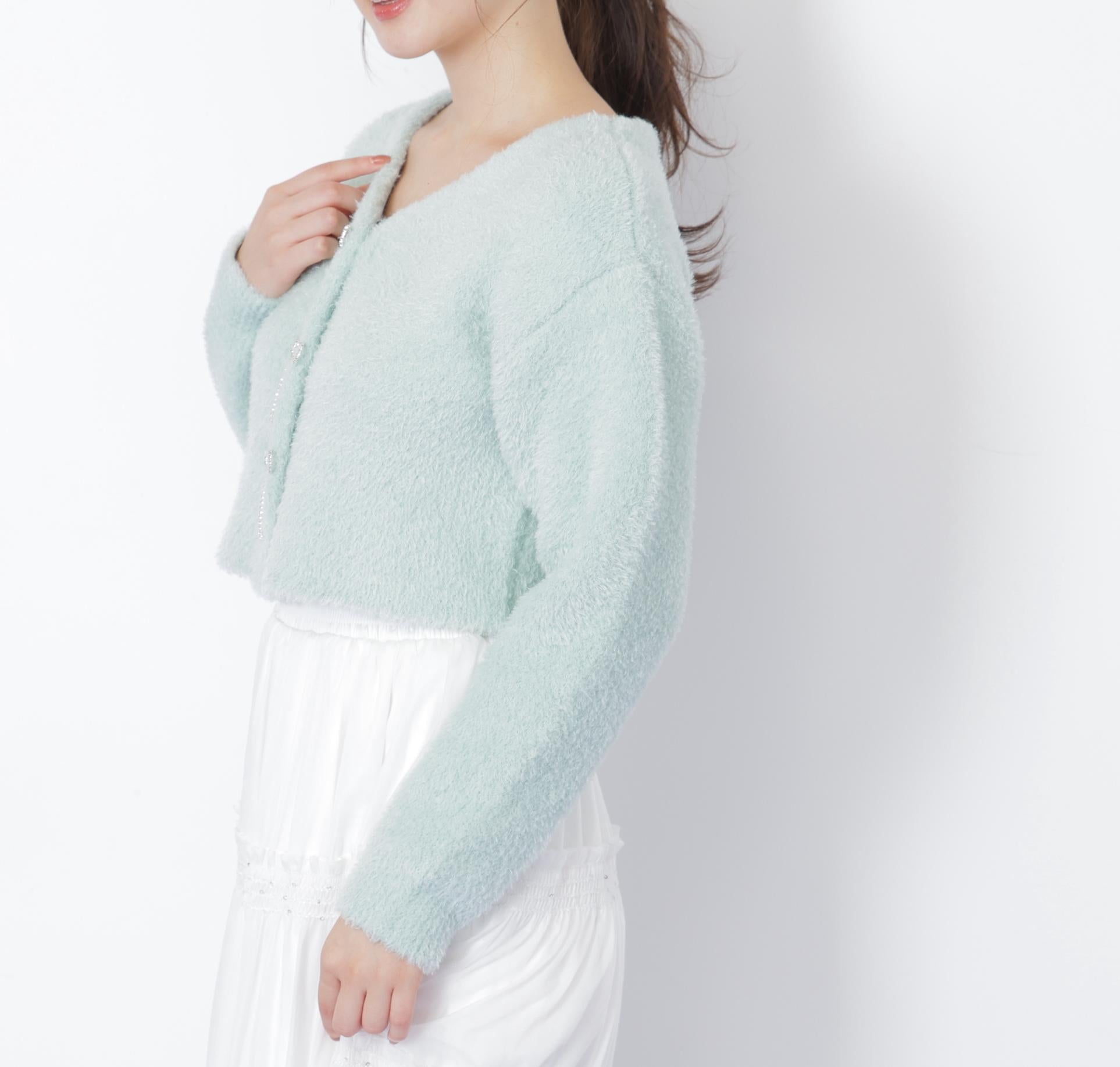 リボンビジューフェザーカーディガン グリーン