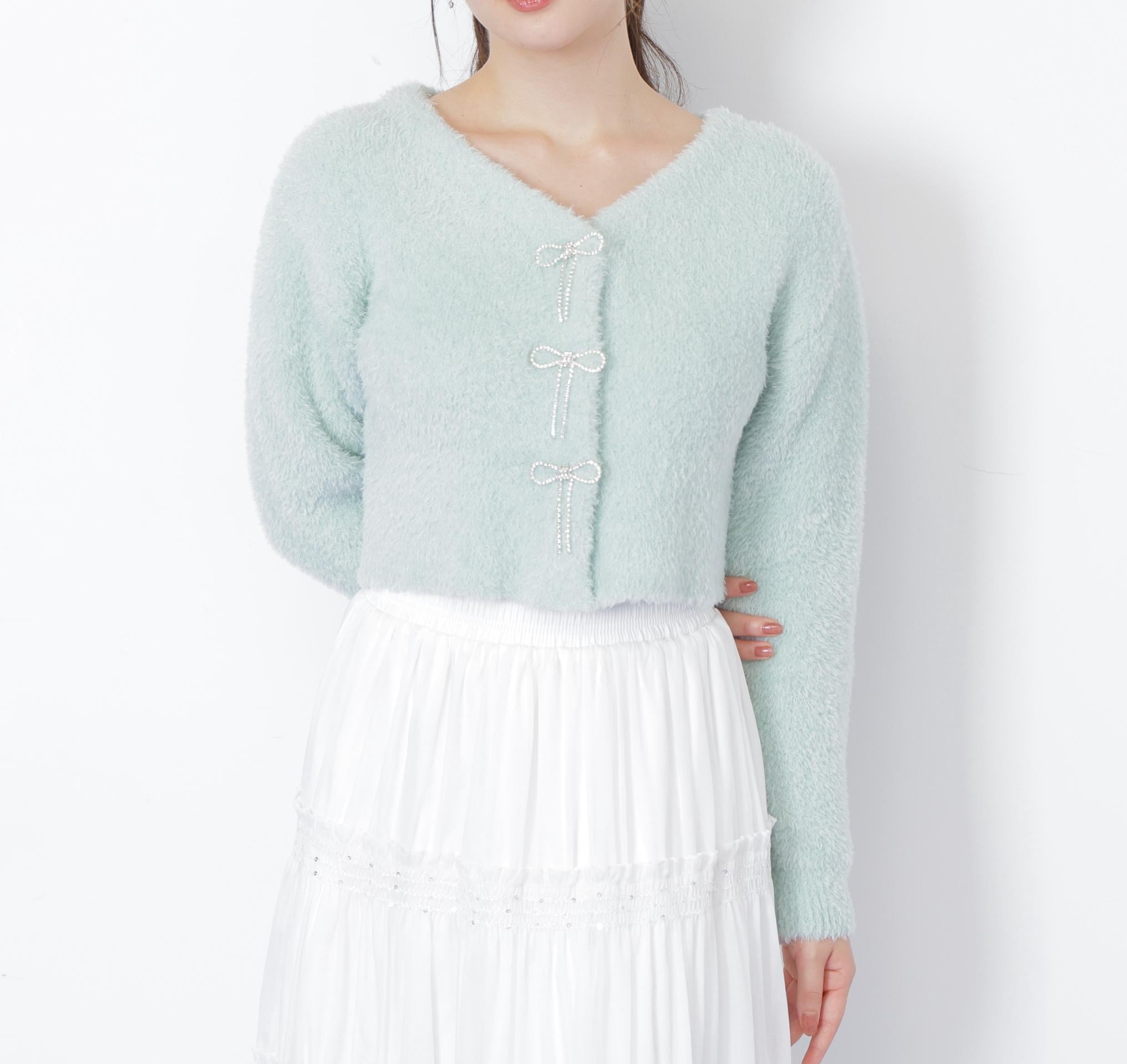 リボンビジューフェザーカーディガン グリーン