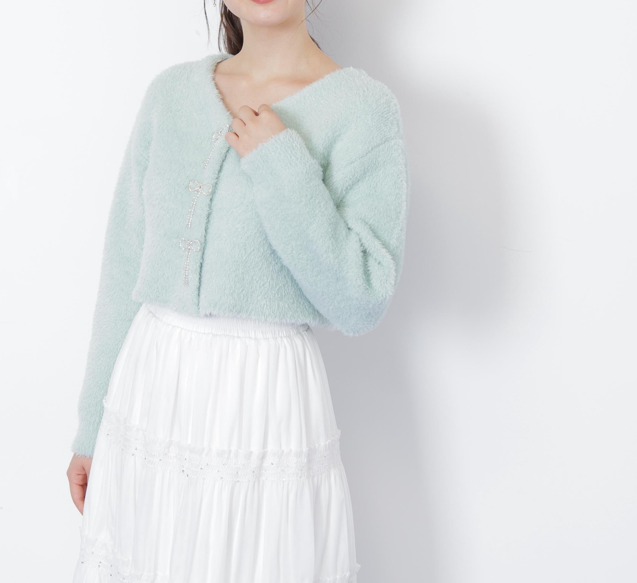 リボンビジューフェザーカーディガン グリーン