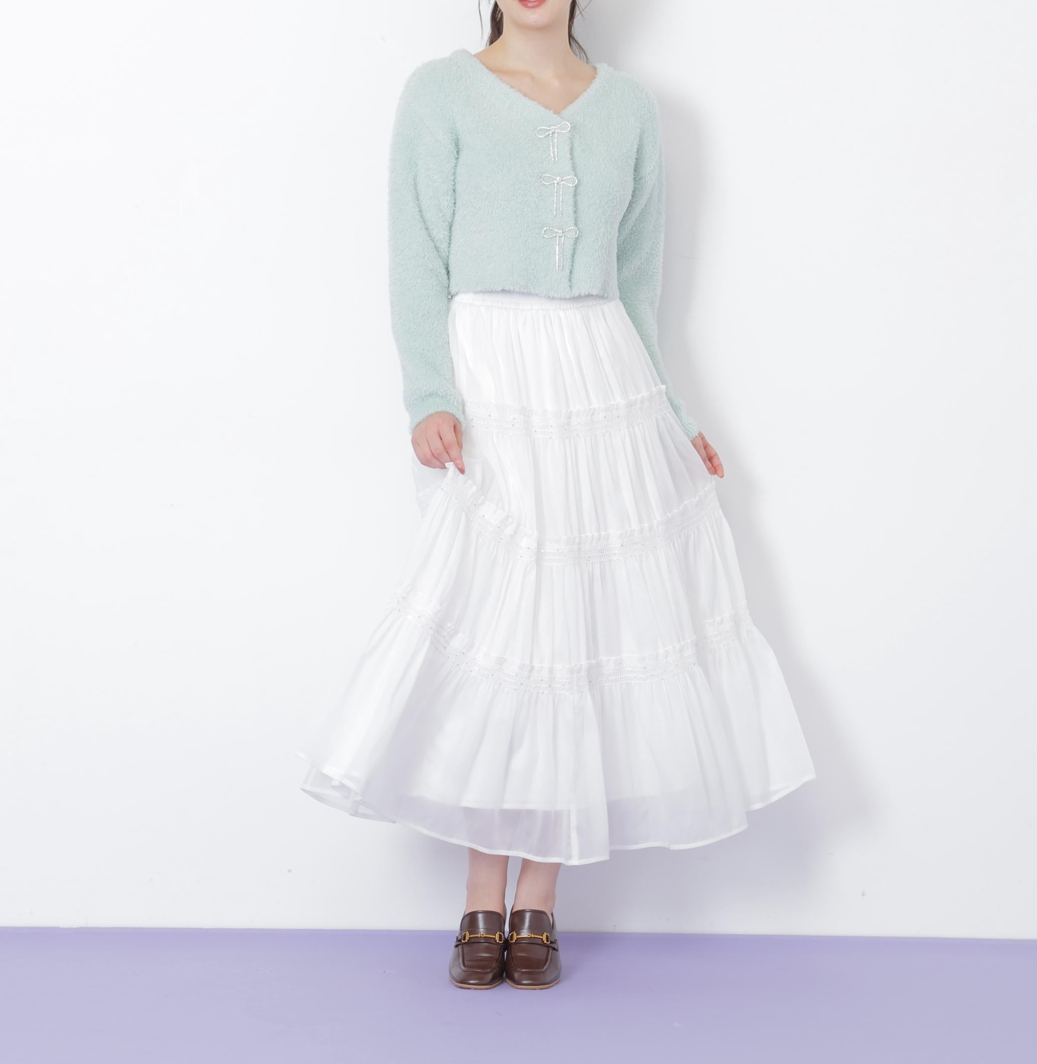 リボンビジューフェザーカーディガン グリーン