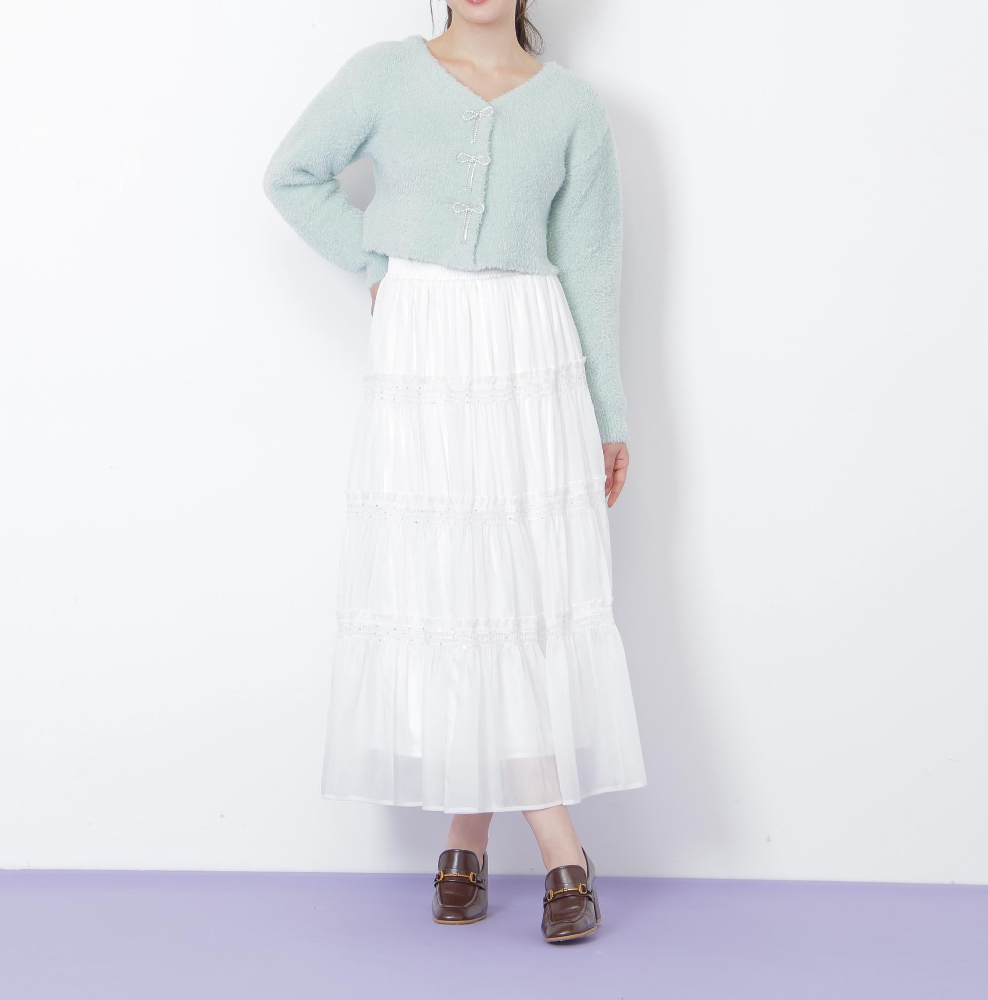 リボンビジューフェザーカーディガン グリーン