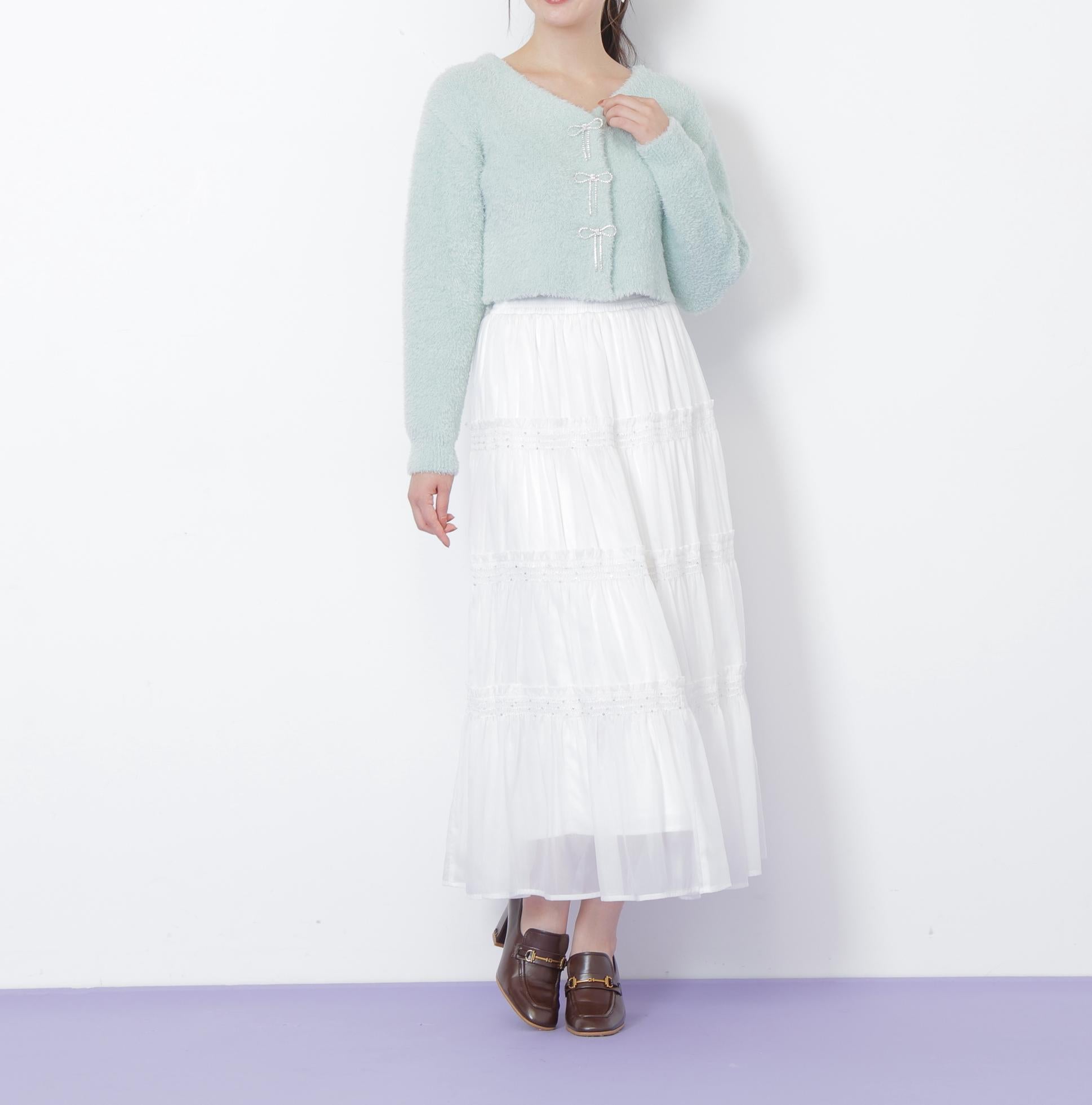 リボンビジューフェザーカーディガン グリーン