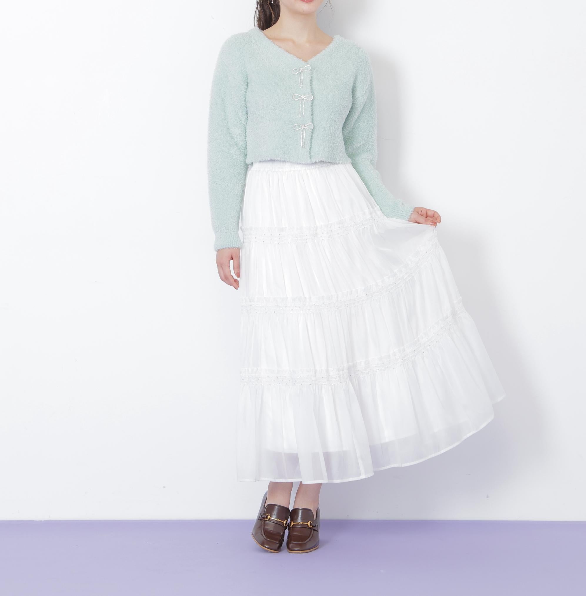 リボンビジューフェザーカーディガン グリーン