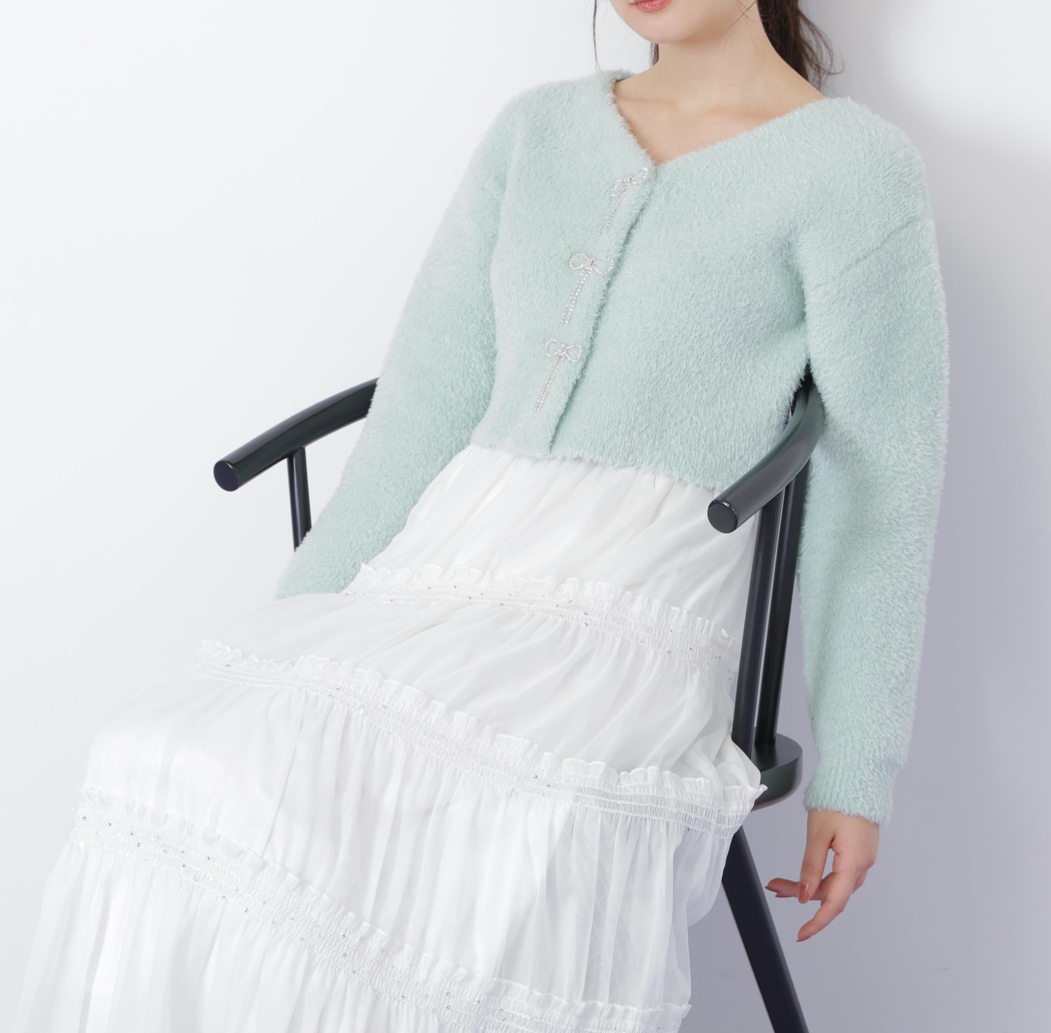 リボンビジューフェザーカーディガン グリーン