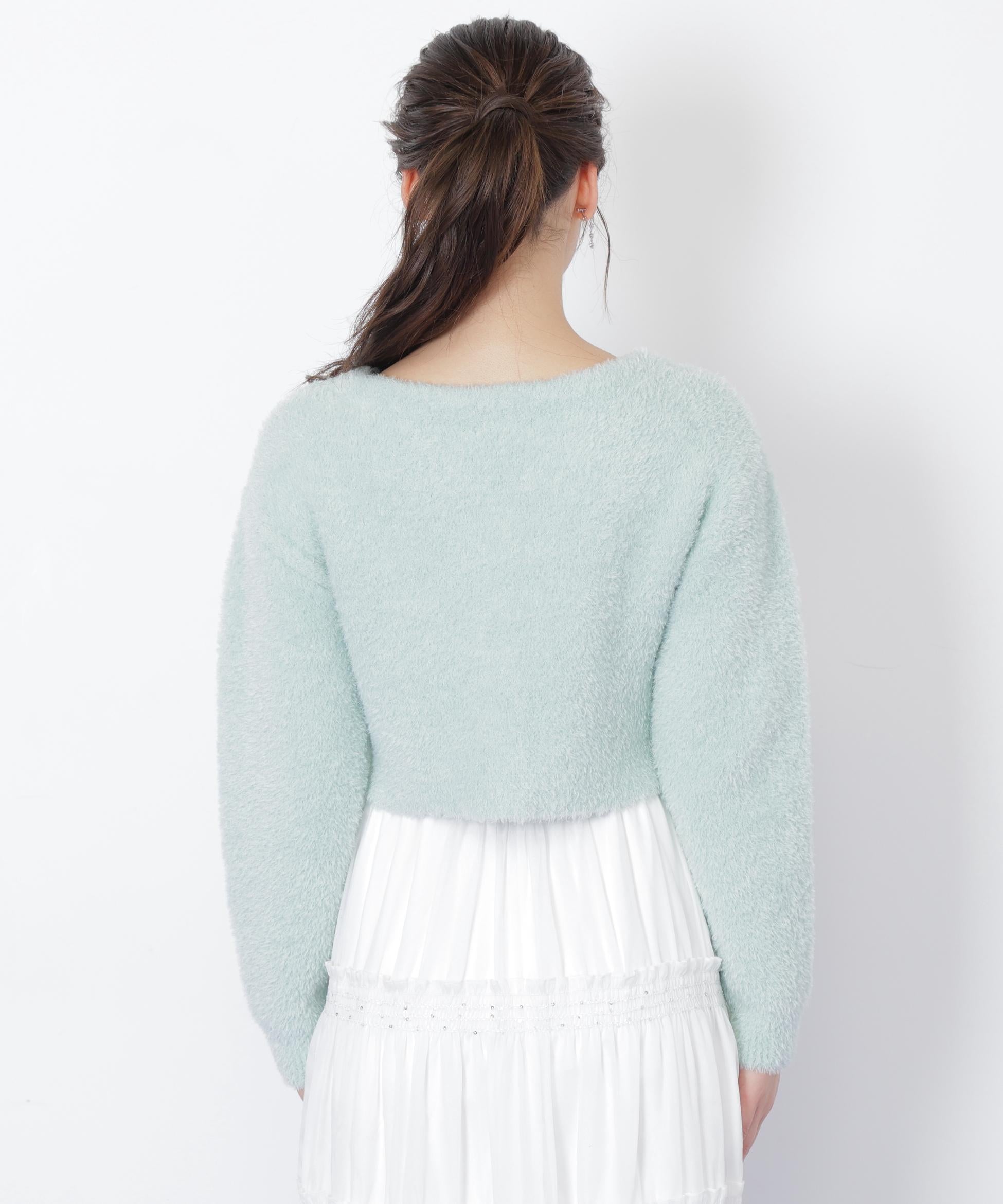 リボンビジューフェザーカーディガン グリーン