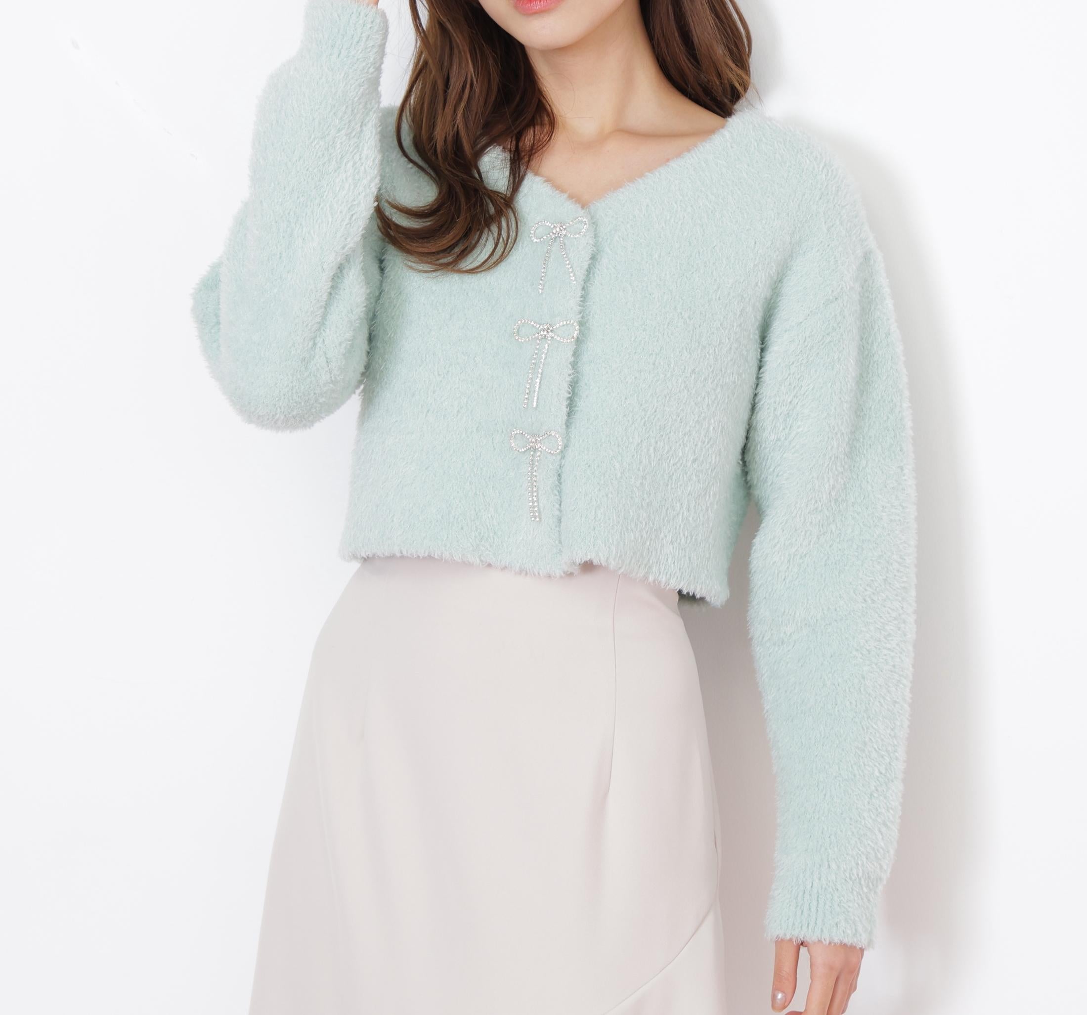 リボンビジューフェザーカーディガン グリーン