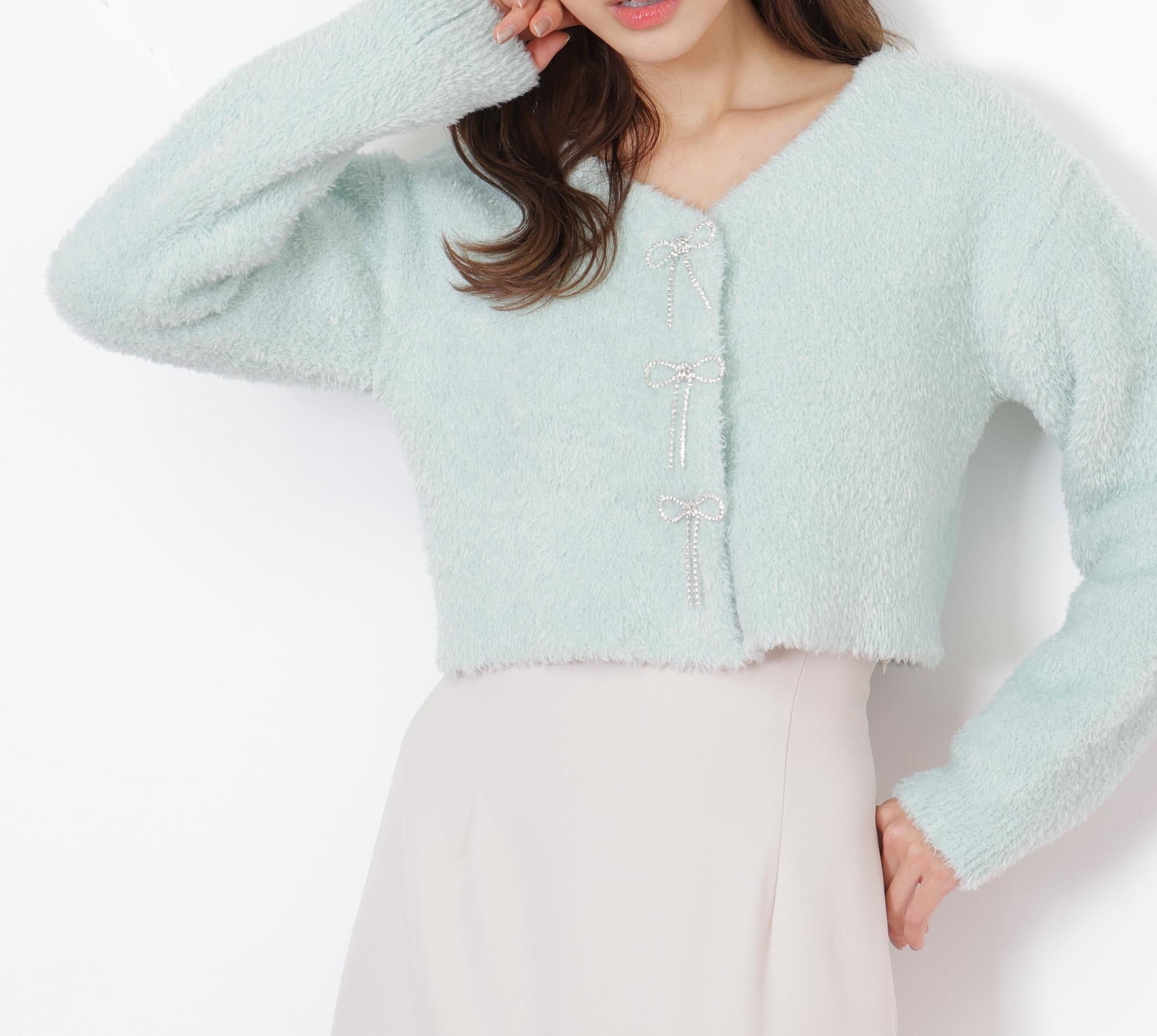 リボンビジューフェザーカーディガン グリーン