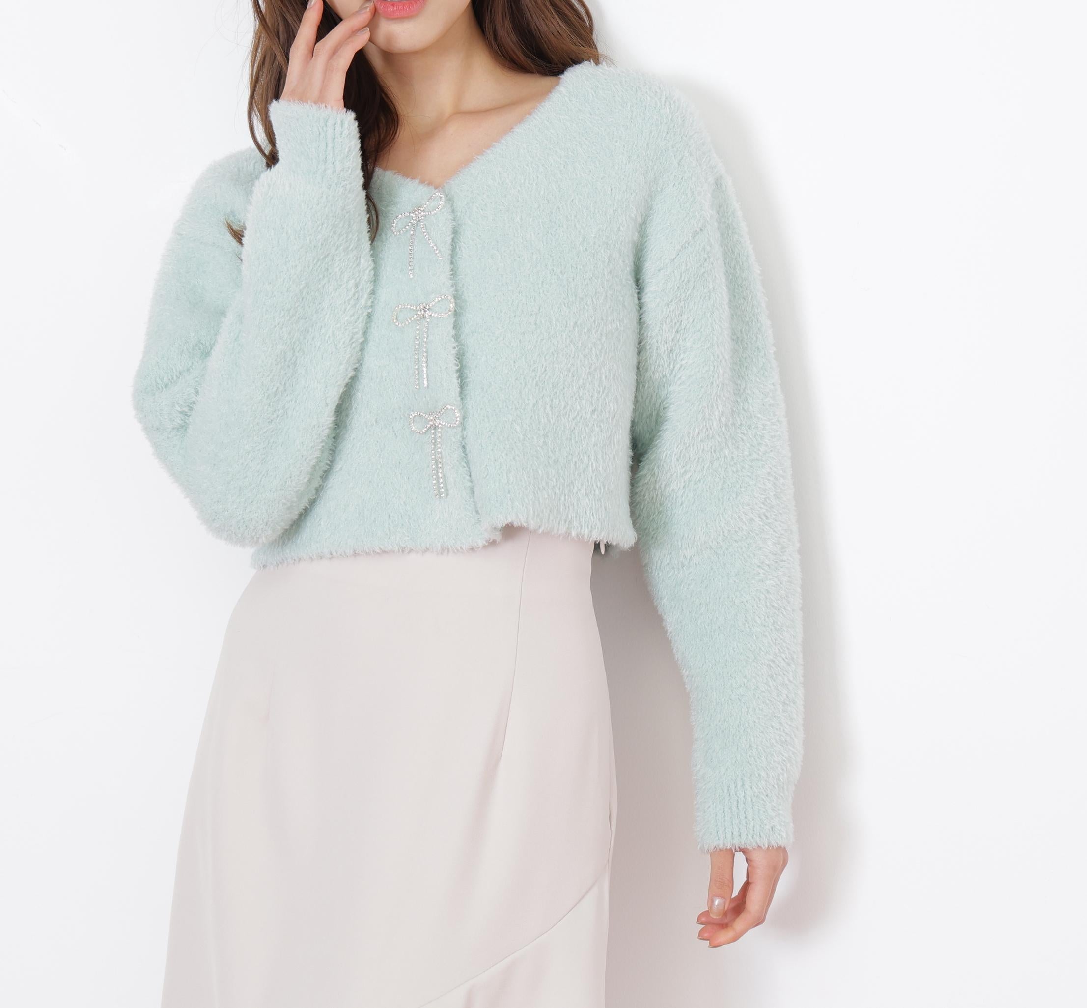 リボンビジューフェザーカーディガン グリーン