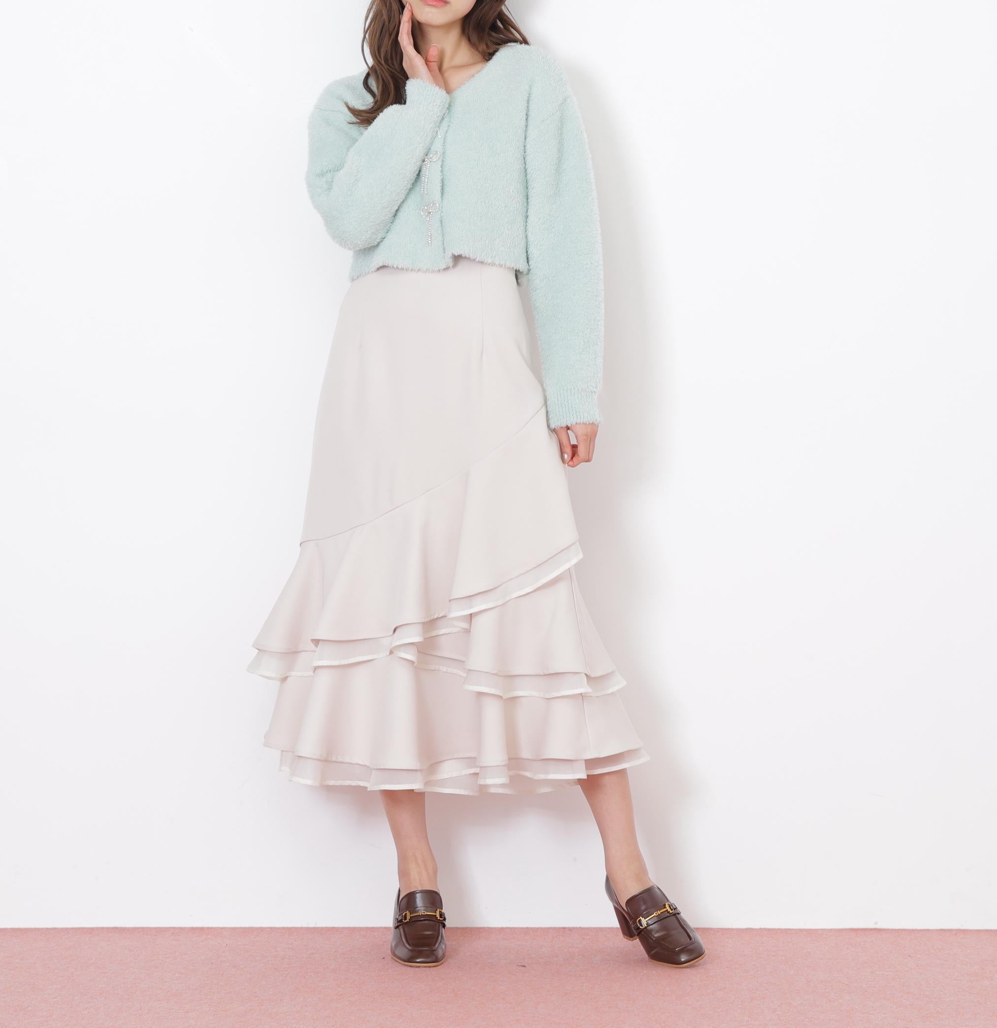 リボンビジューフェザーカーディガン グリーン