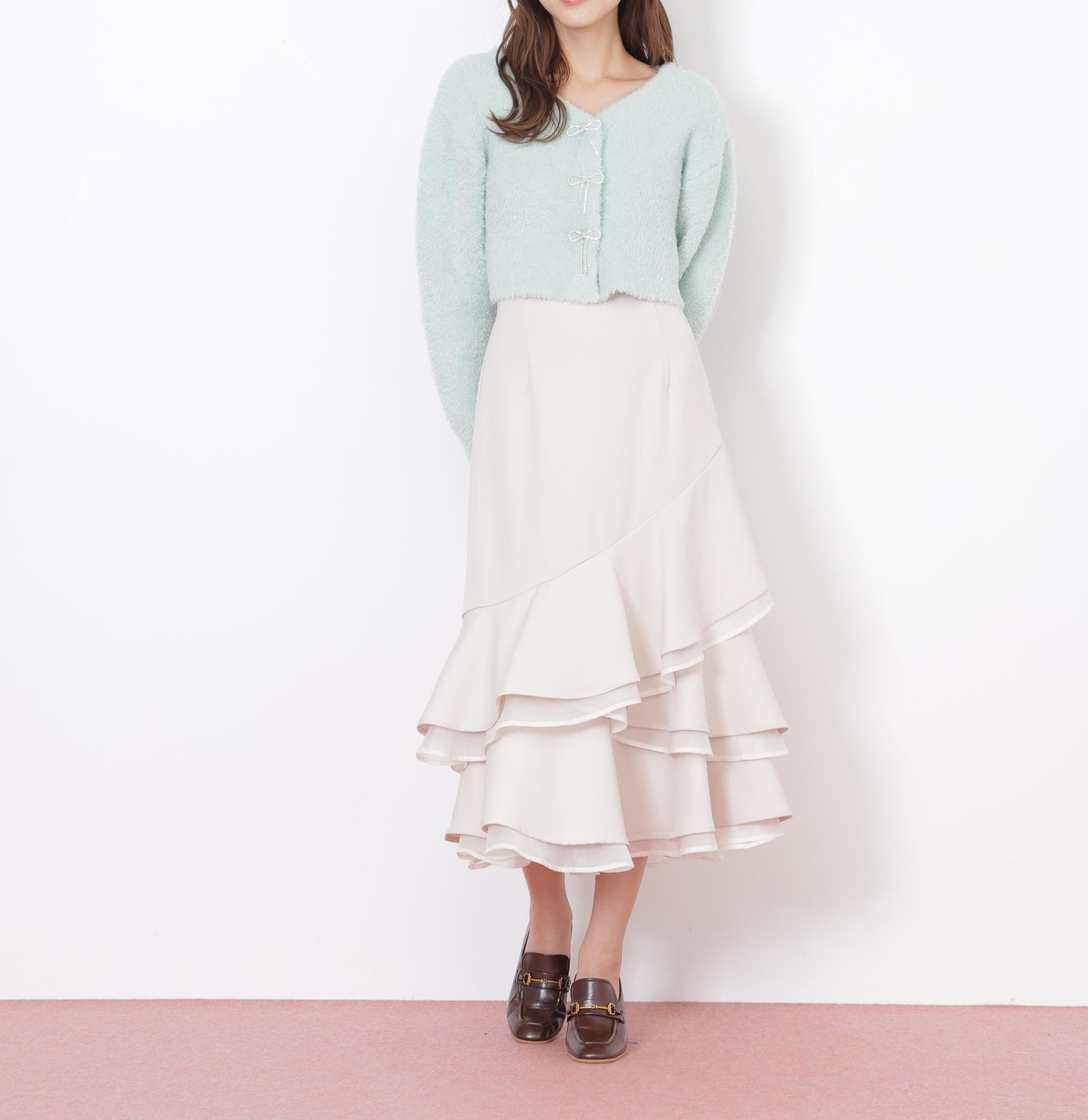 リボンビジューフェザーカーディガン グリーン