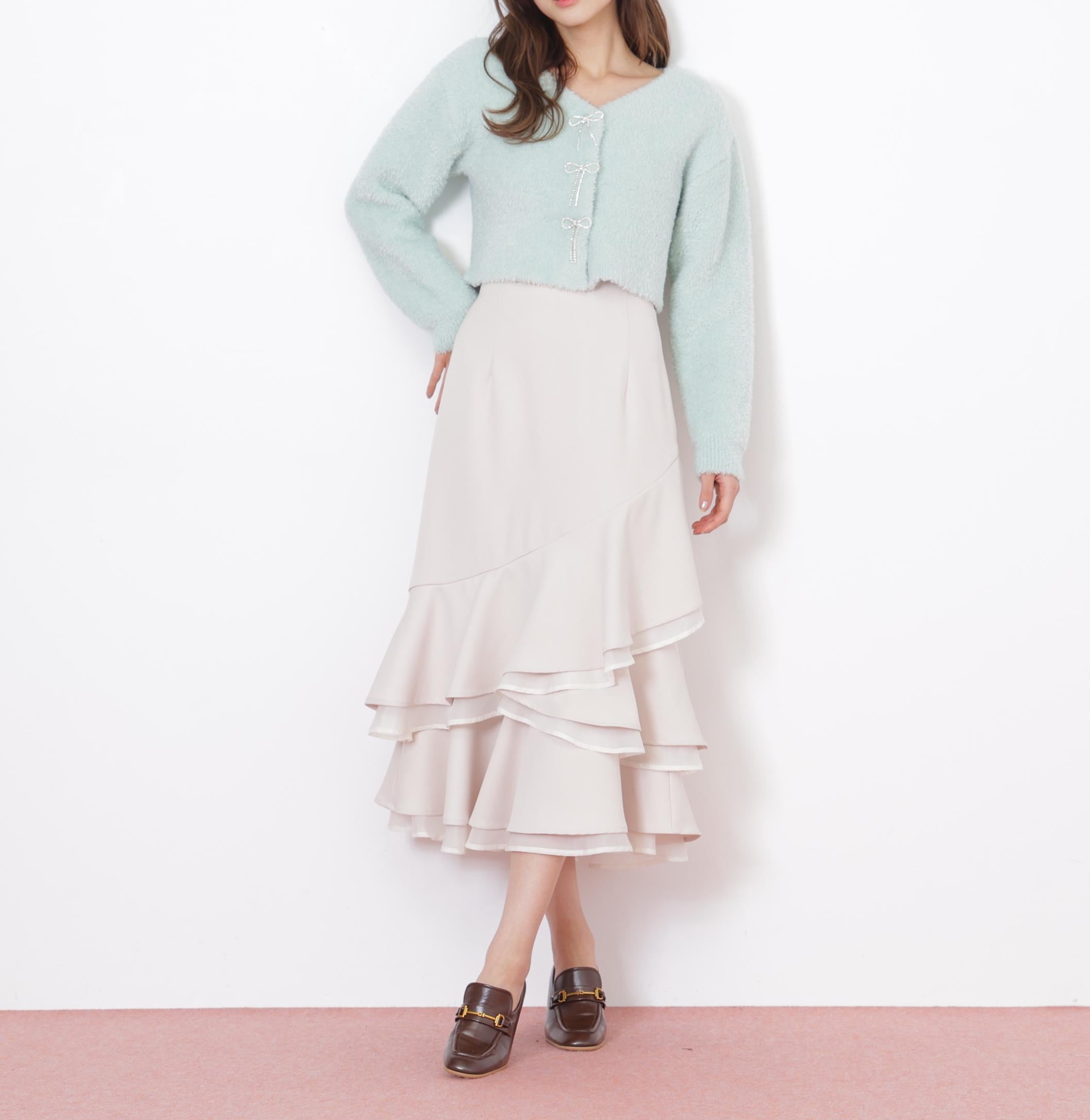 リボンビジューフェザーカーディガン グリーン