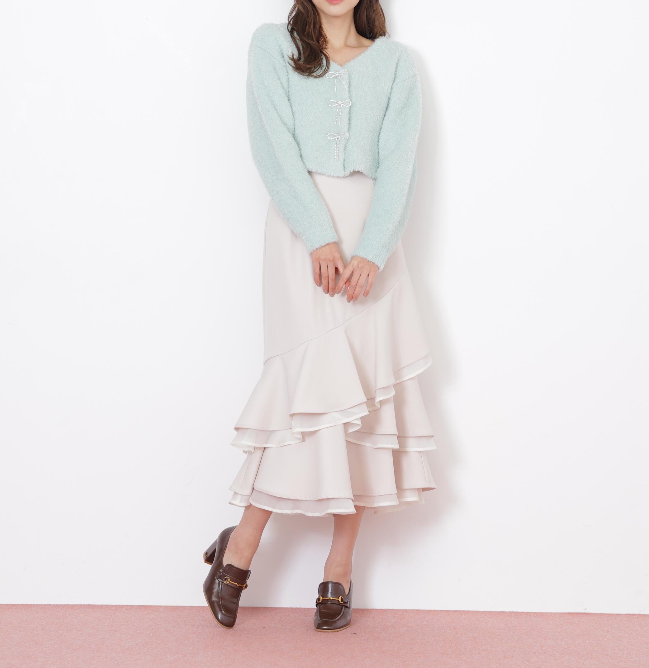 リボンビジューフェザーカーディガン グリーン