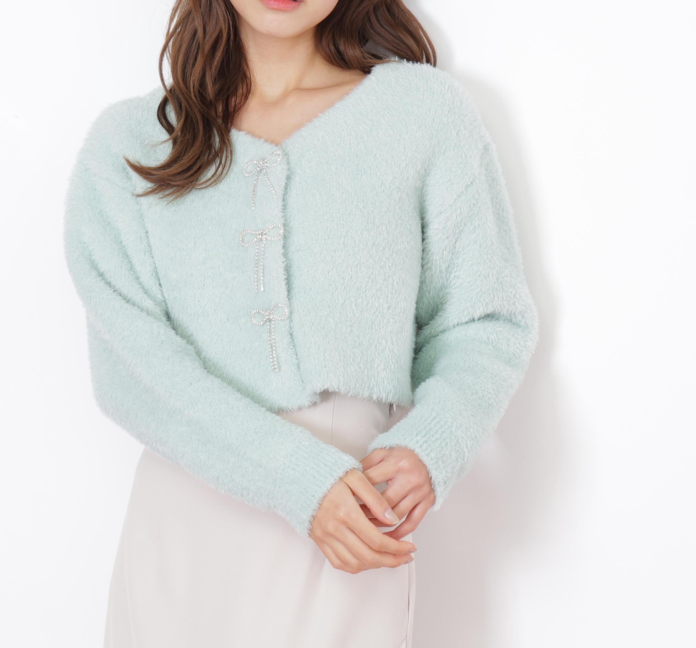 リボンビジューフェザーカーディガン グリーン