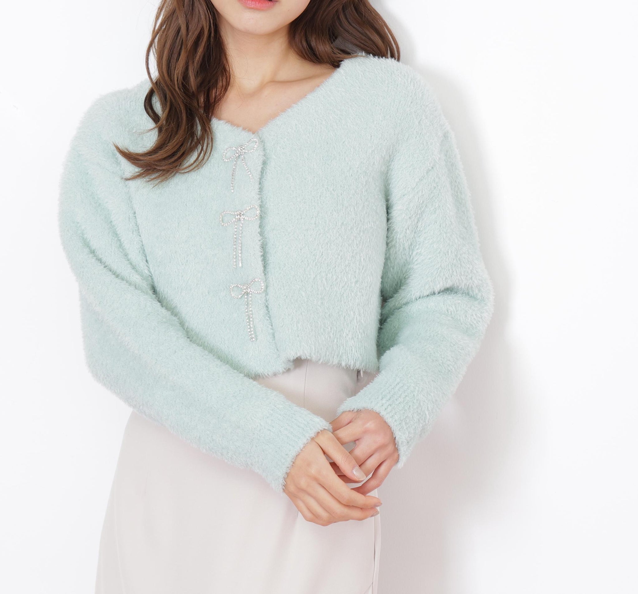 リボンビジューフェザーカーディガン グリーン