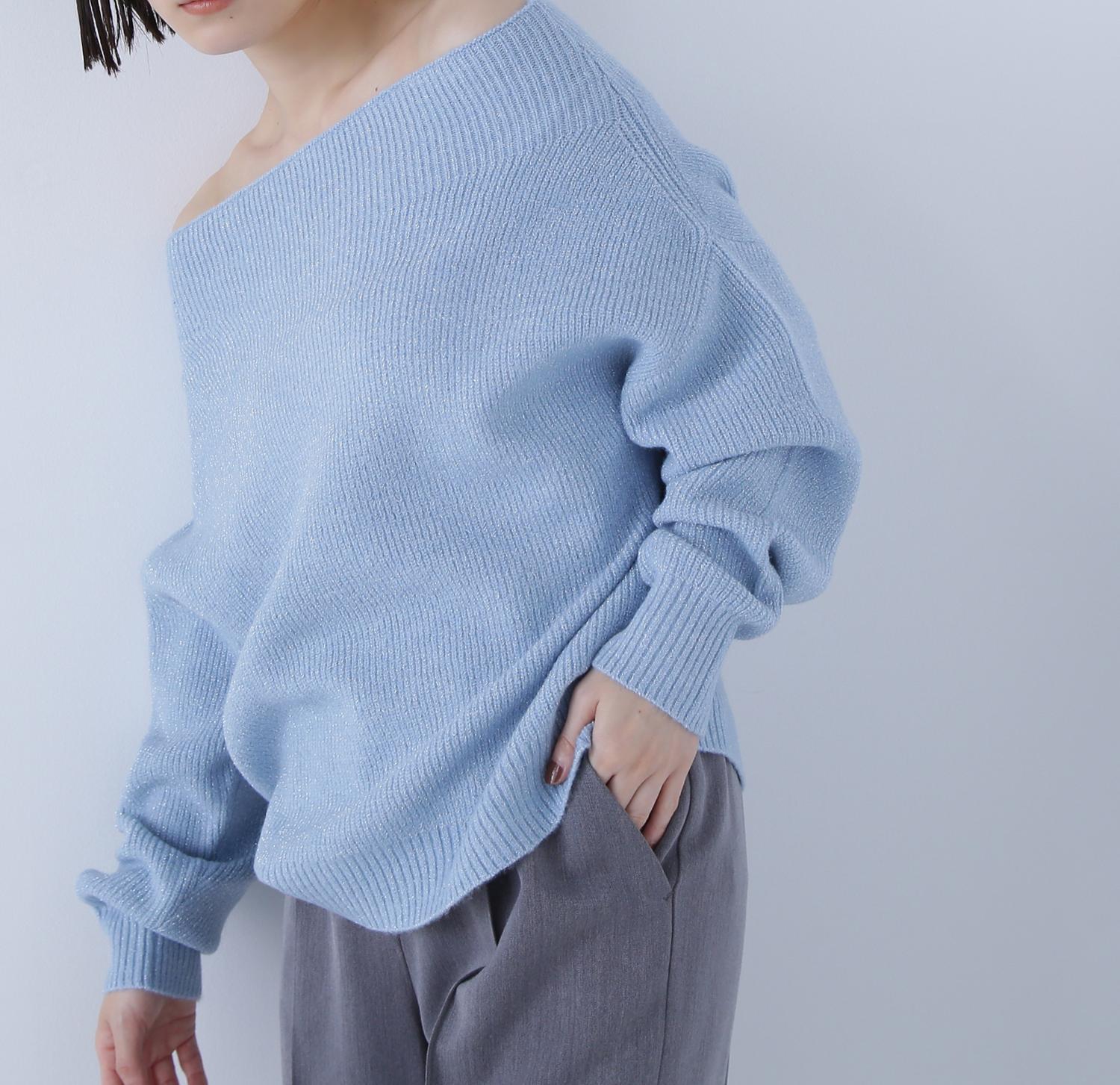 オフショルボクシーラメニット ブルー