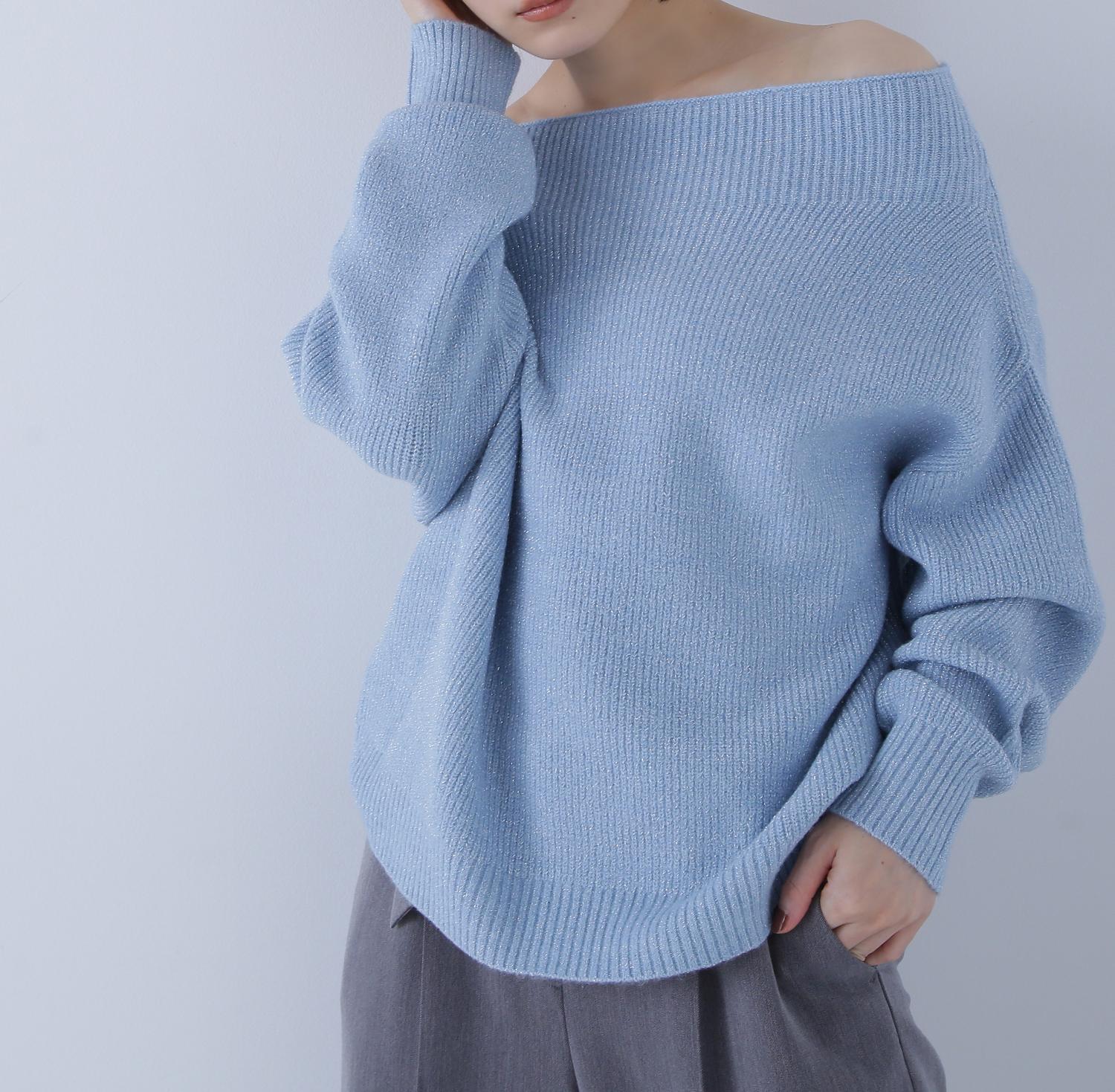 オフショルボクシーラメニット ブルー