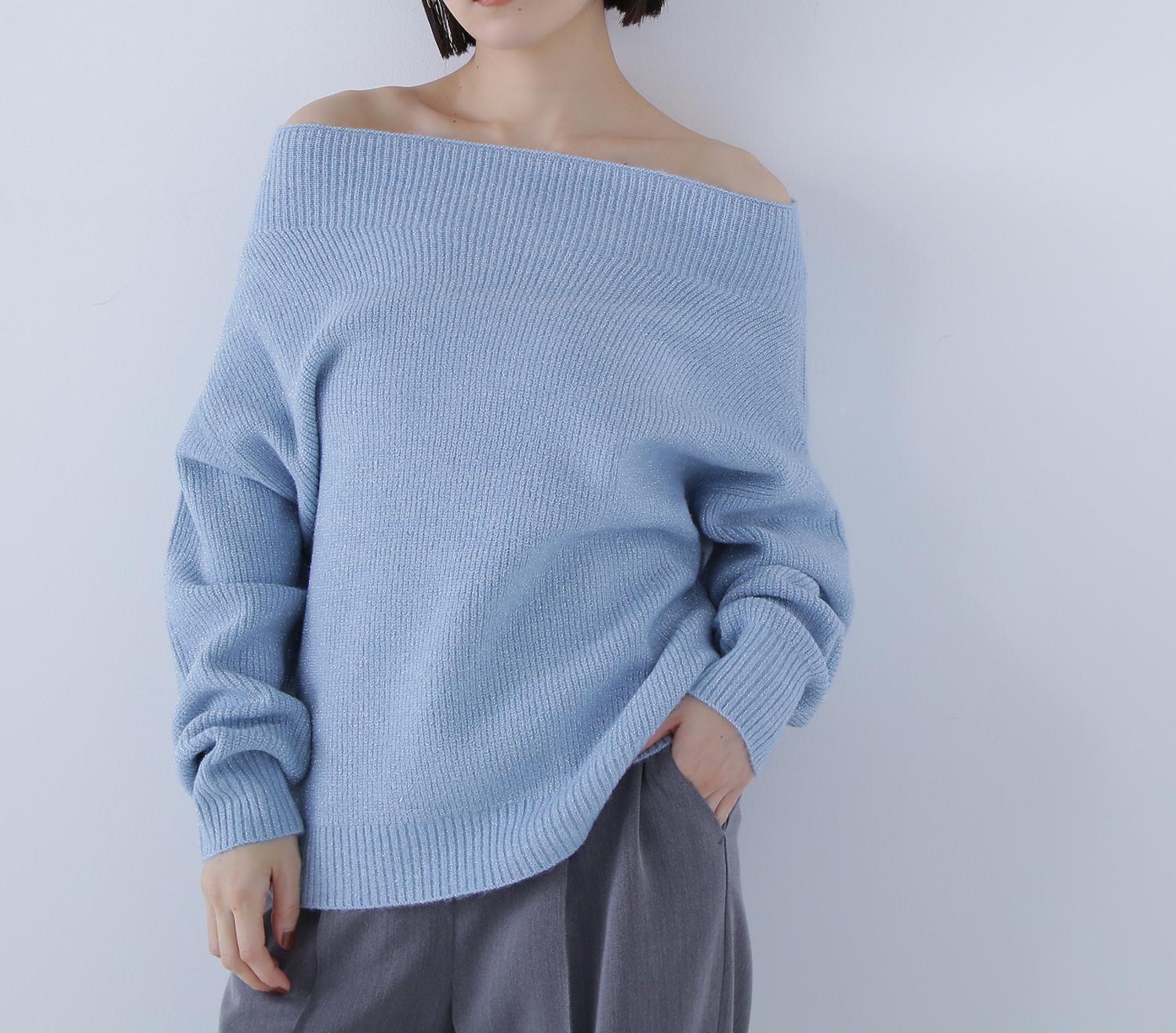 オフショルボクシーラメニット ブルー