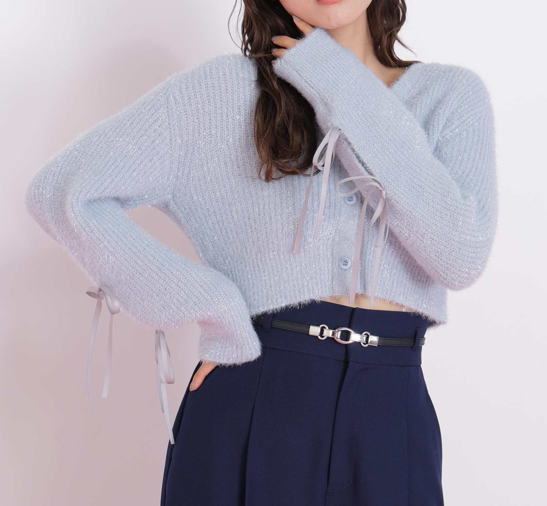 フィルムフェザーヤーンカーディガン ブルー