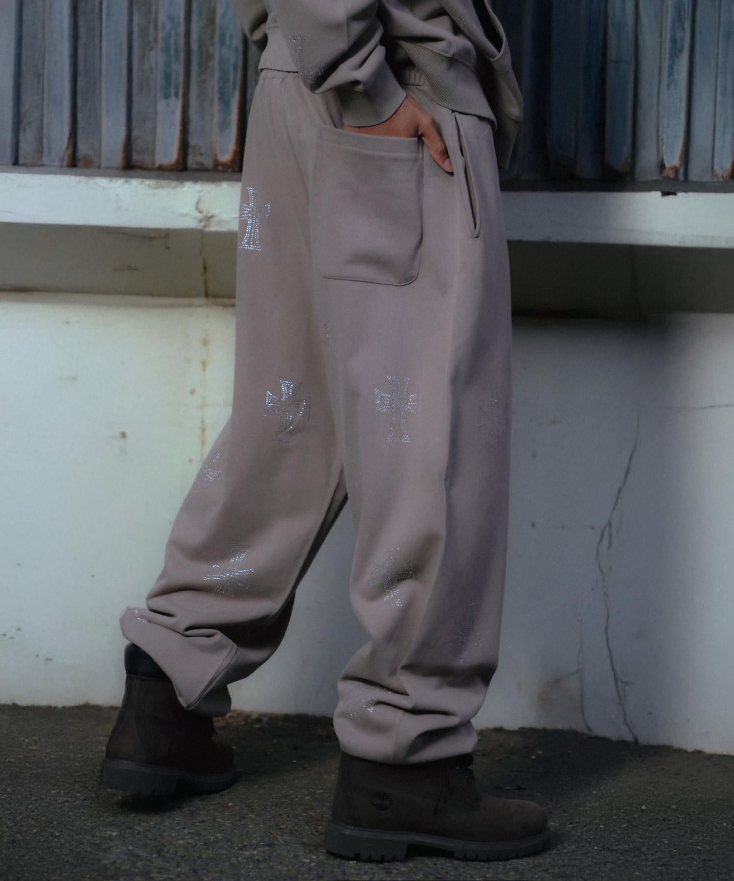 UNKNOWNLONDON/アンノウンロンドン/OUTLINE RHINESTONE SWEAT PANTS ベージュ