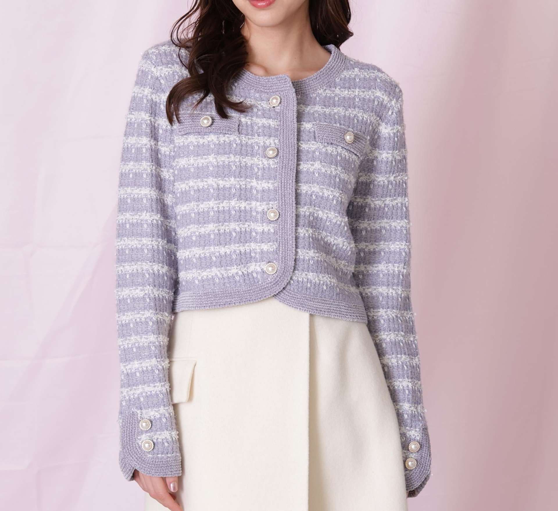 ラメミックスツィードニットジャケット グレー