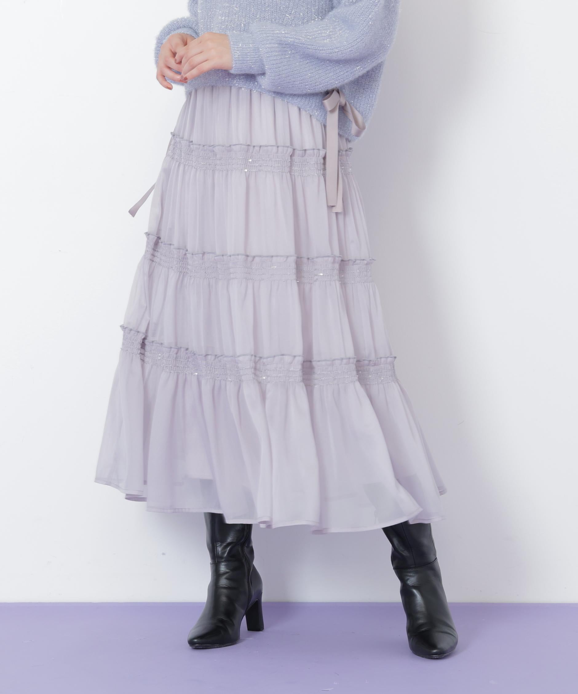 シャイニーティアードスカート グレー