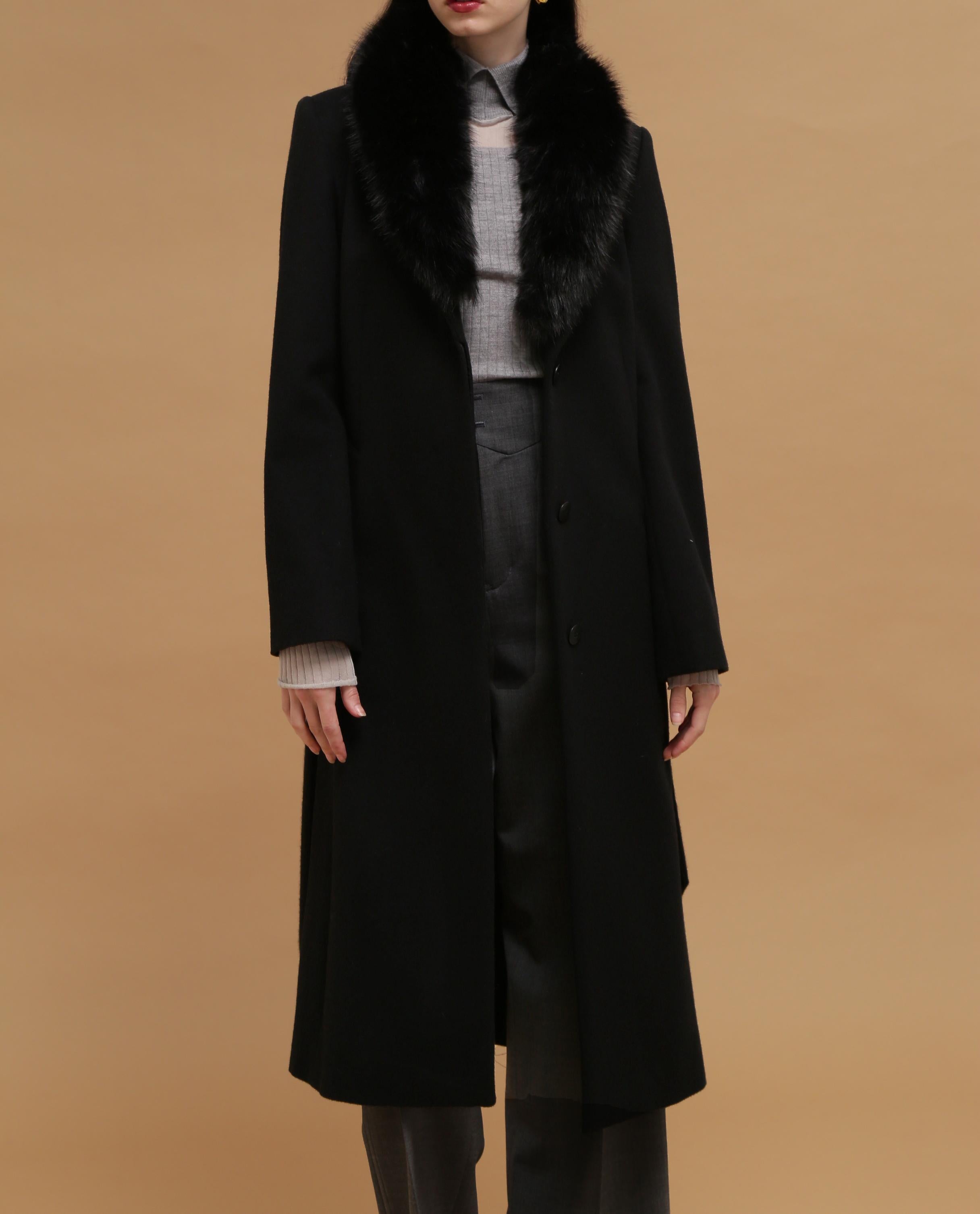 カシミヤ混ベルテッドコート ブラック