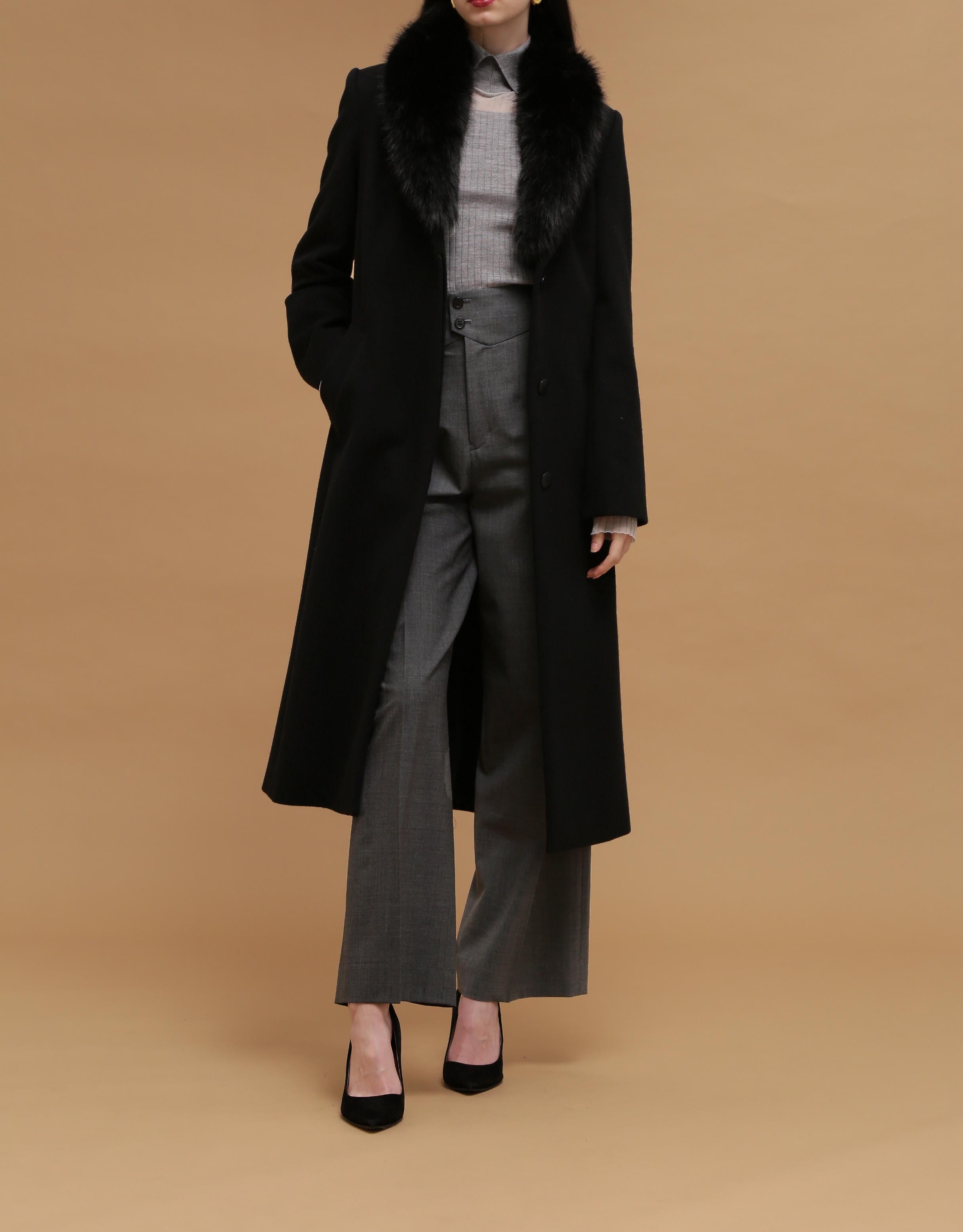 カシミヤ混ベルテッドコート ブラック