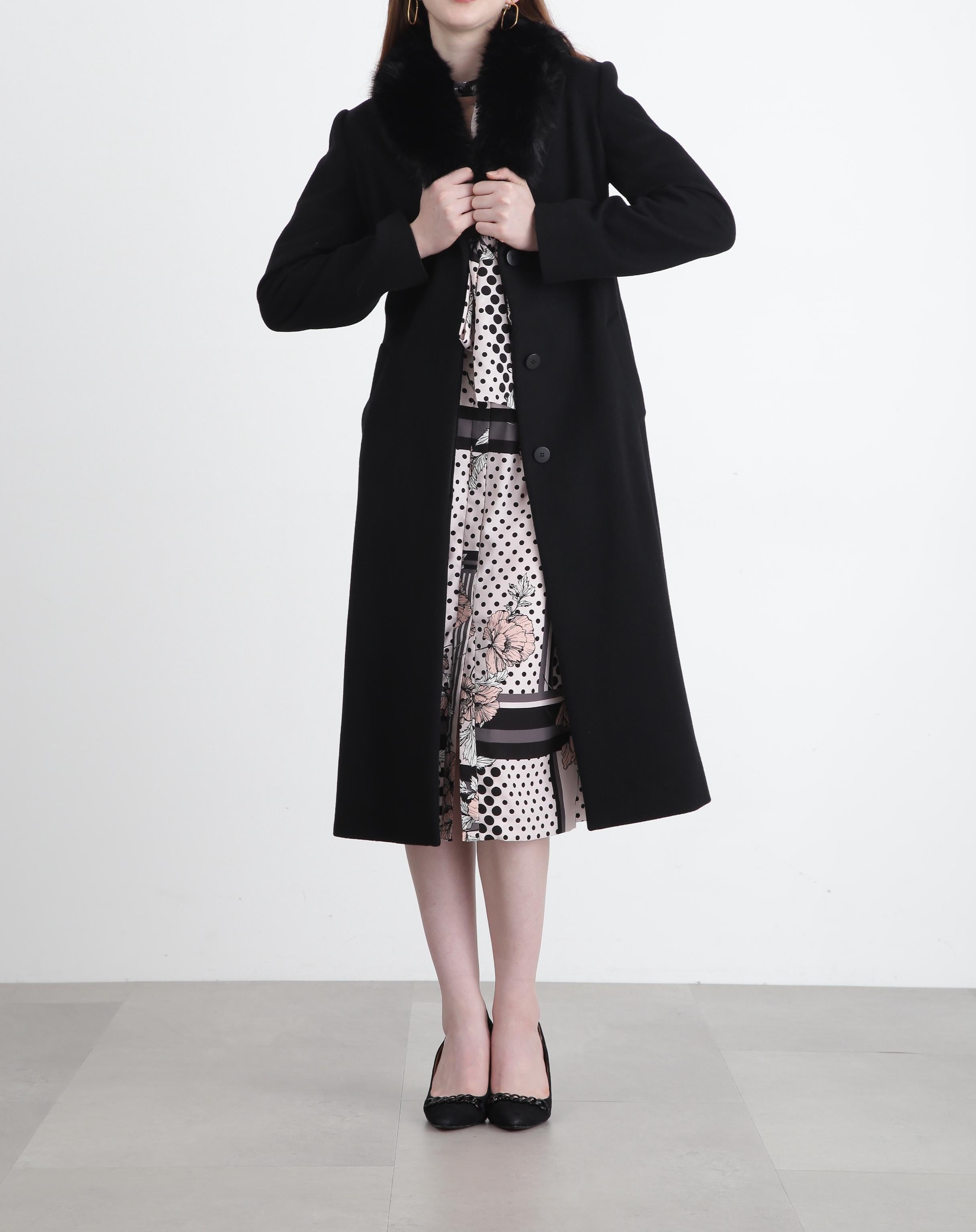 カシミヤ混ベルテッドコート ブラック