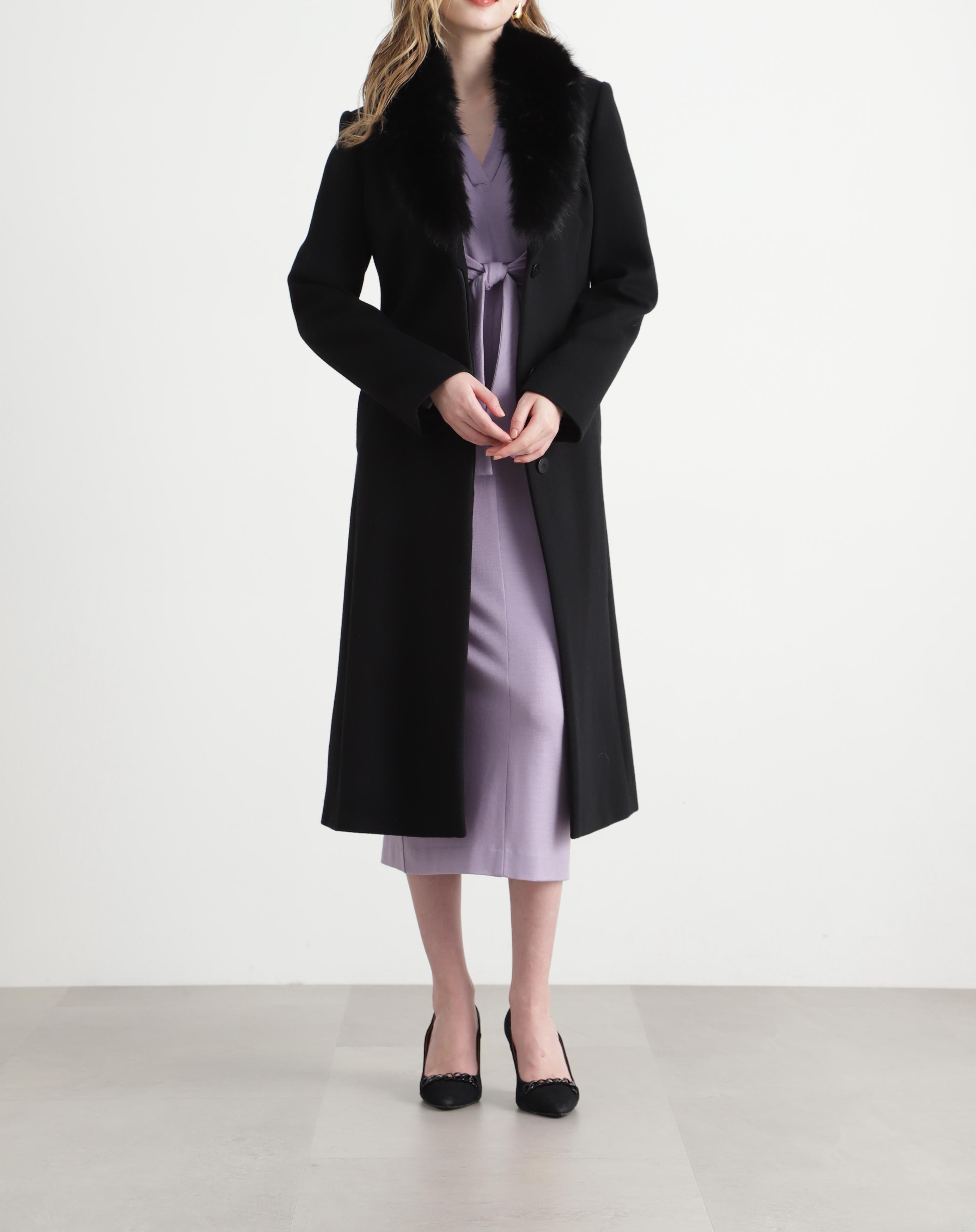 カシミヤ混ベルテッドコート ブラック