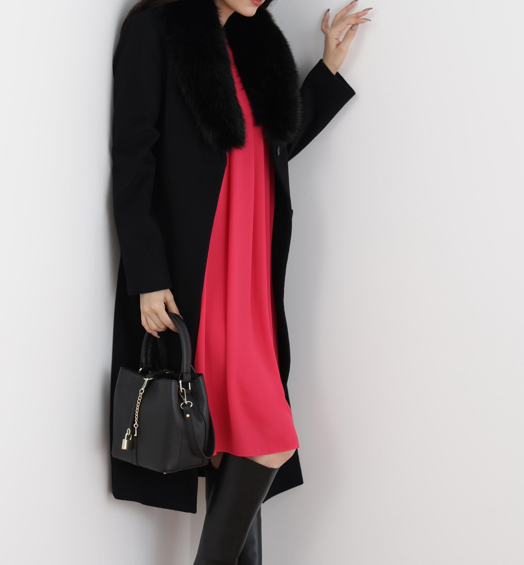 カシミヤ混ベルテッドコート ブラック