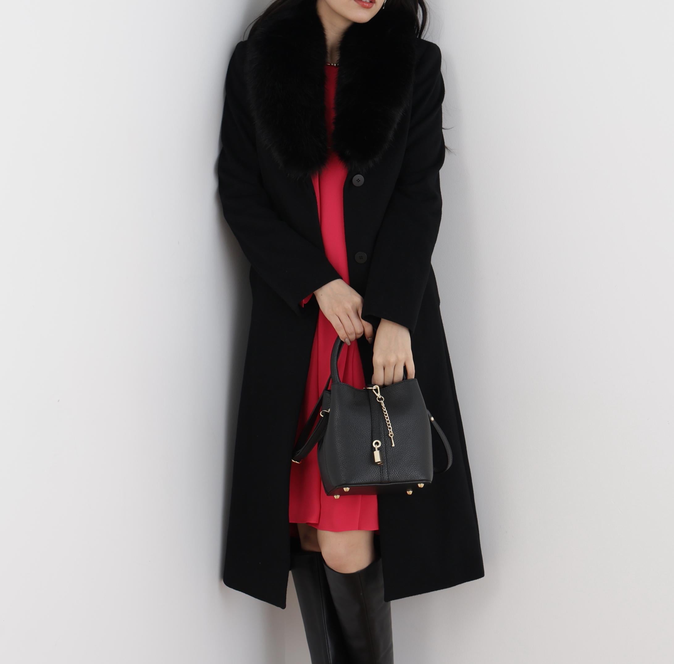 カシミヤ混ベルテッドコート ブラック