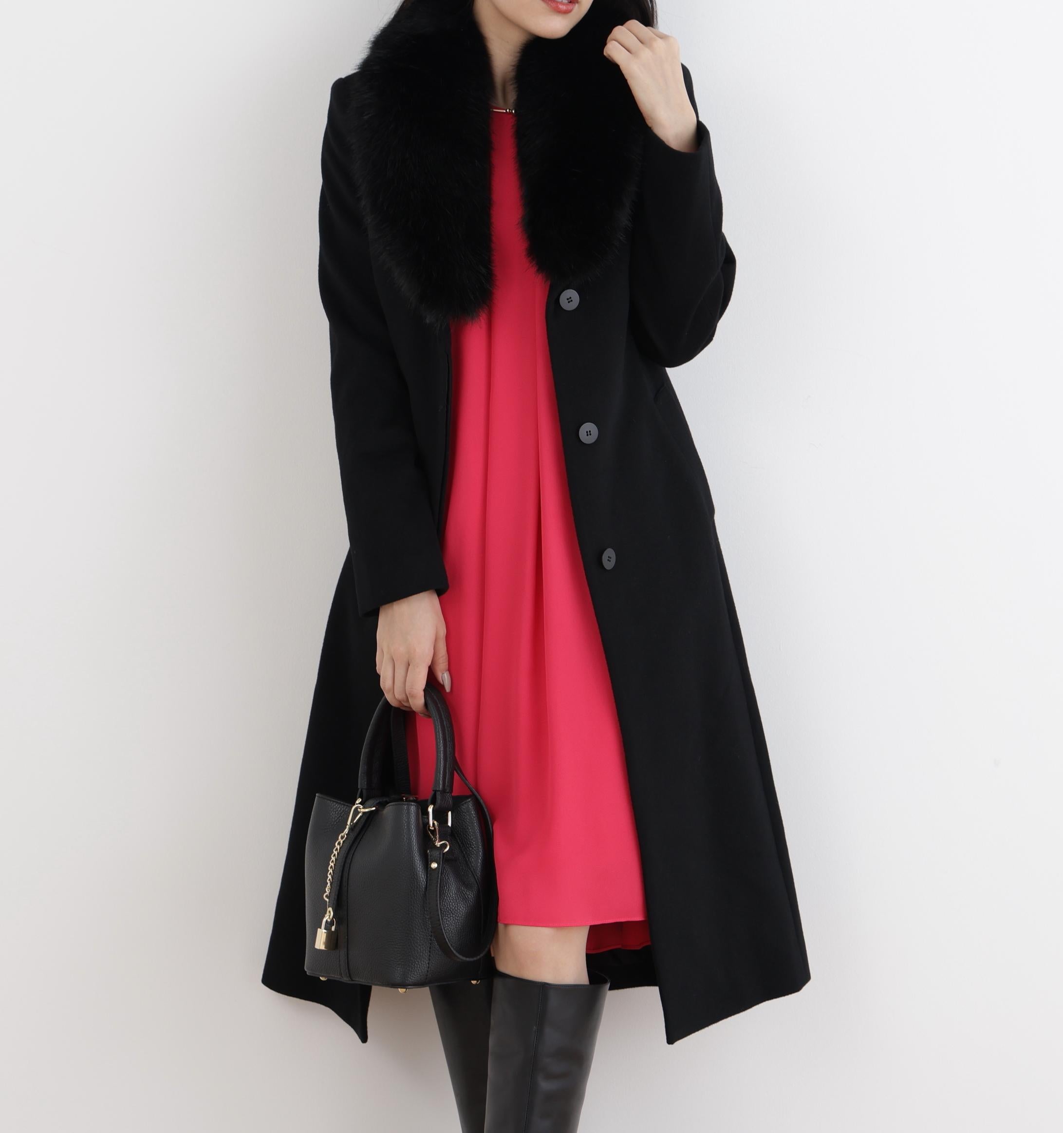 カシミヤ混ベルテッドコート ブラック