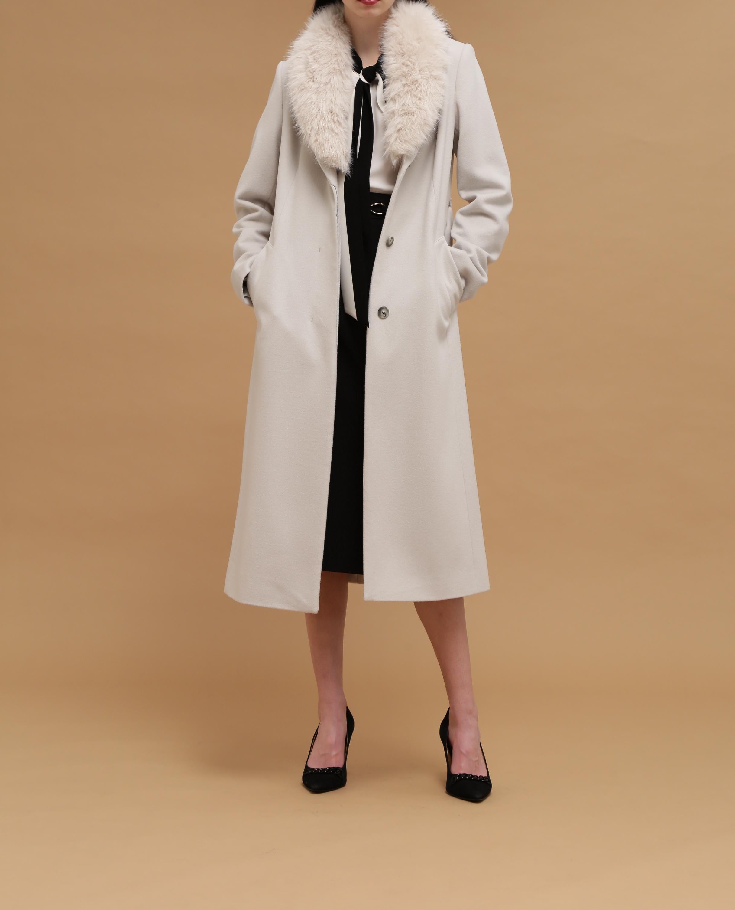 カシミヤ混ベルテッドコート グレー1