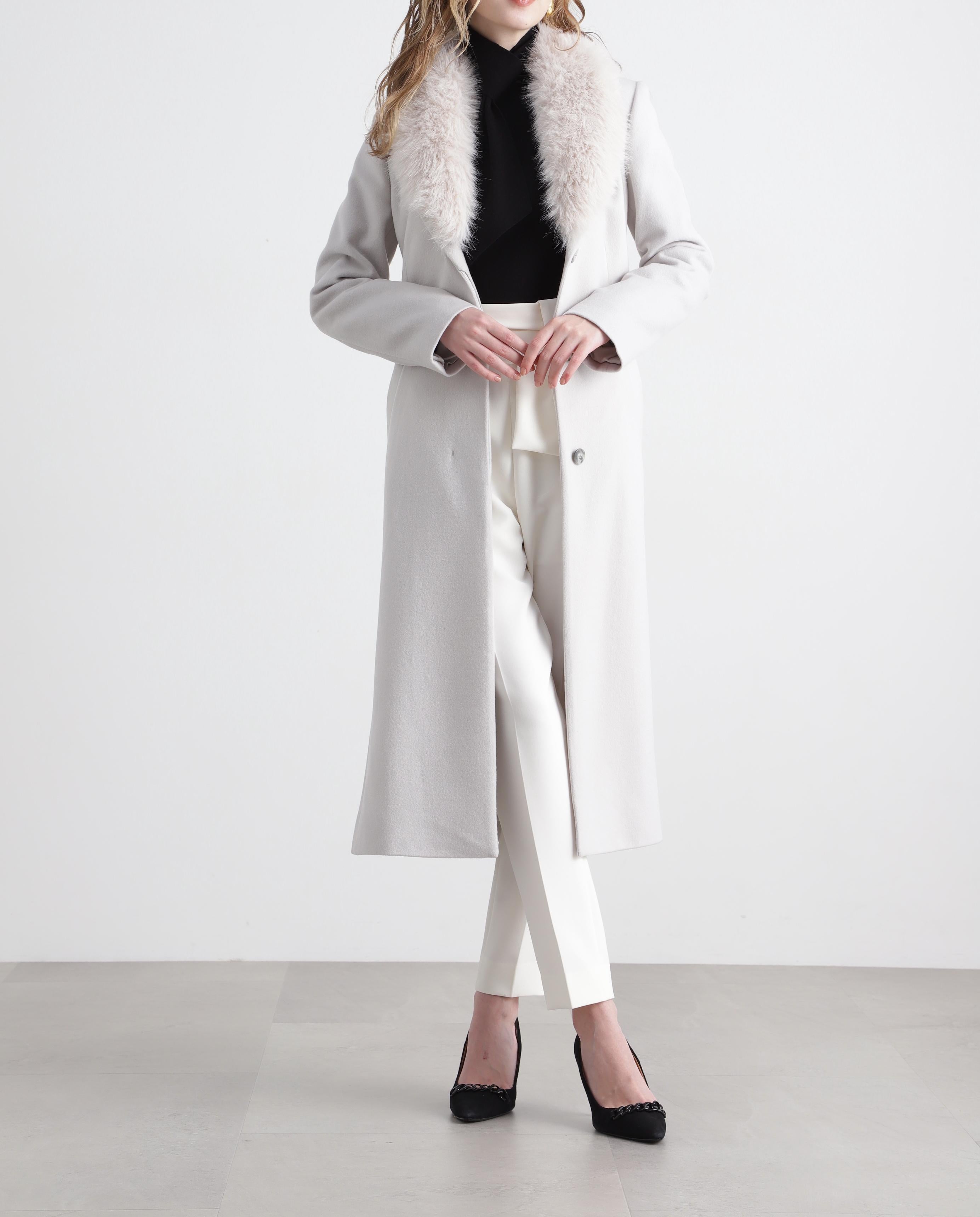 カシミヤ混ベルテッドコート グレー1