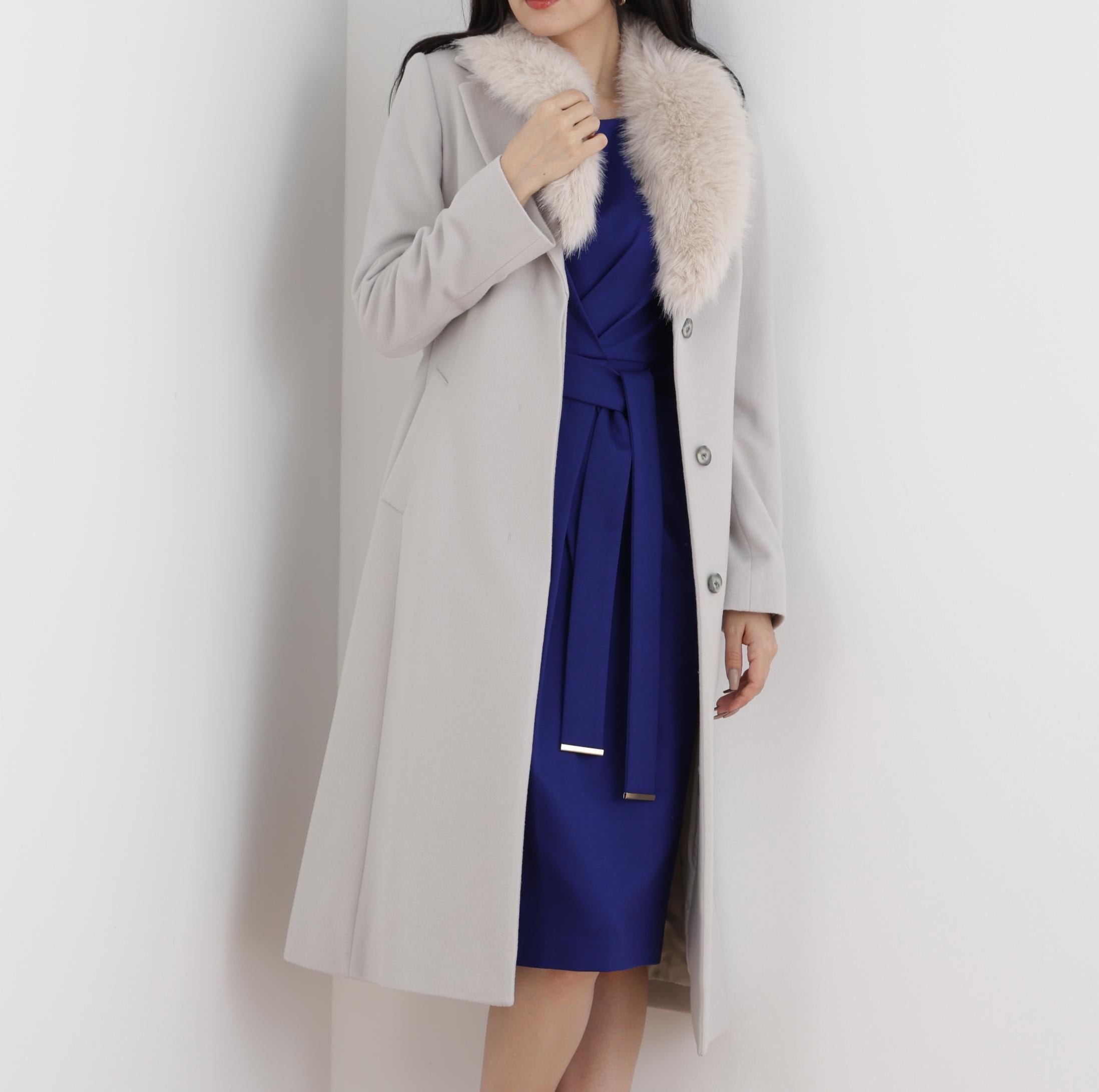 カシミヤ混ベルテッドコート グレー1