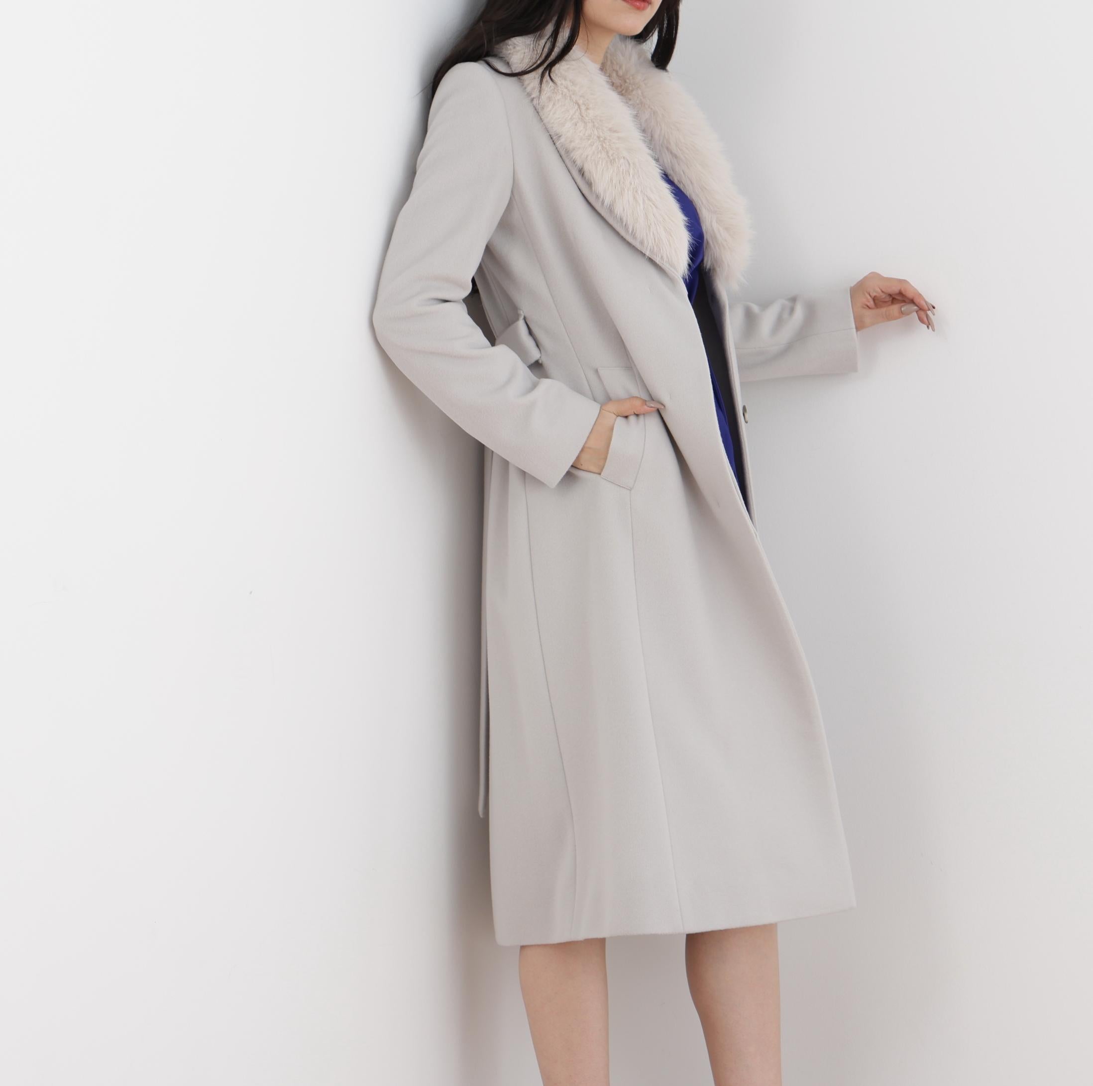 カシミヤ混ベルテッドコート グレー1