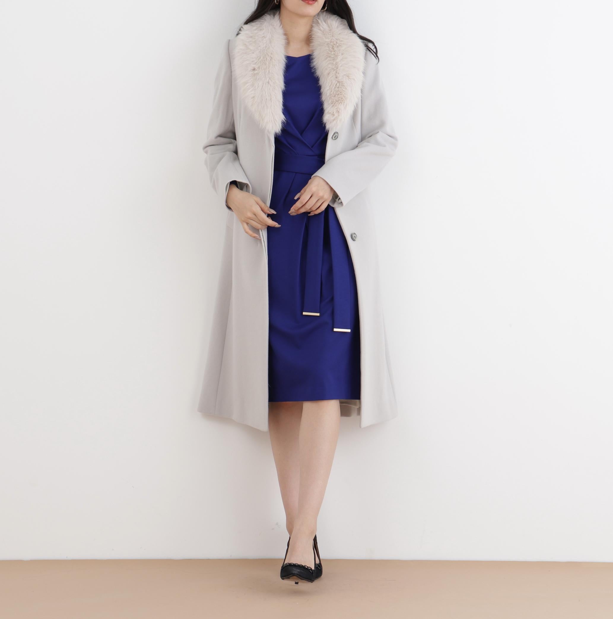 カシミヤ混ベルテッドコート グレー1