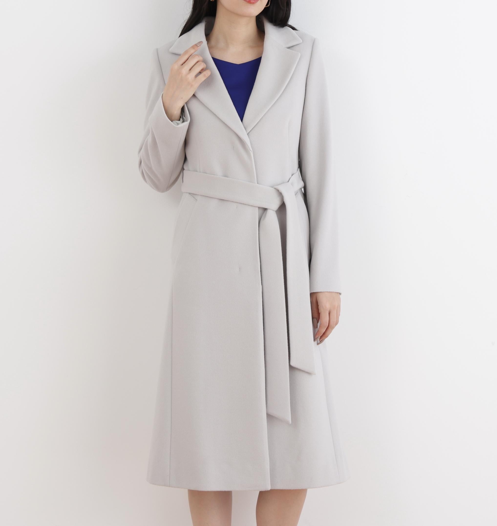 カシミヤ混ベルテッドコート グレー1