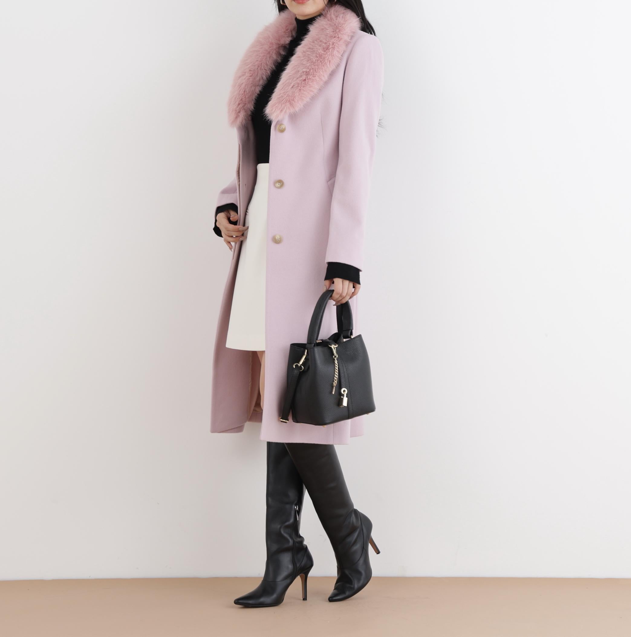 カシミヤ混ベルテッドコート ピンク