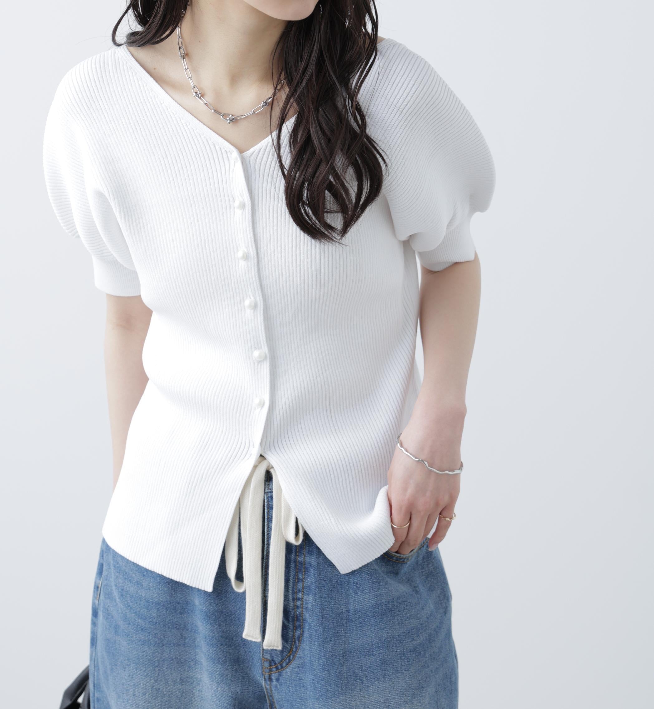 ［MFM］パールパフスリーブ半袖ニット シロ