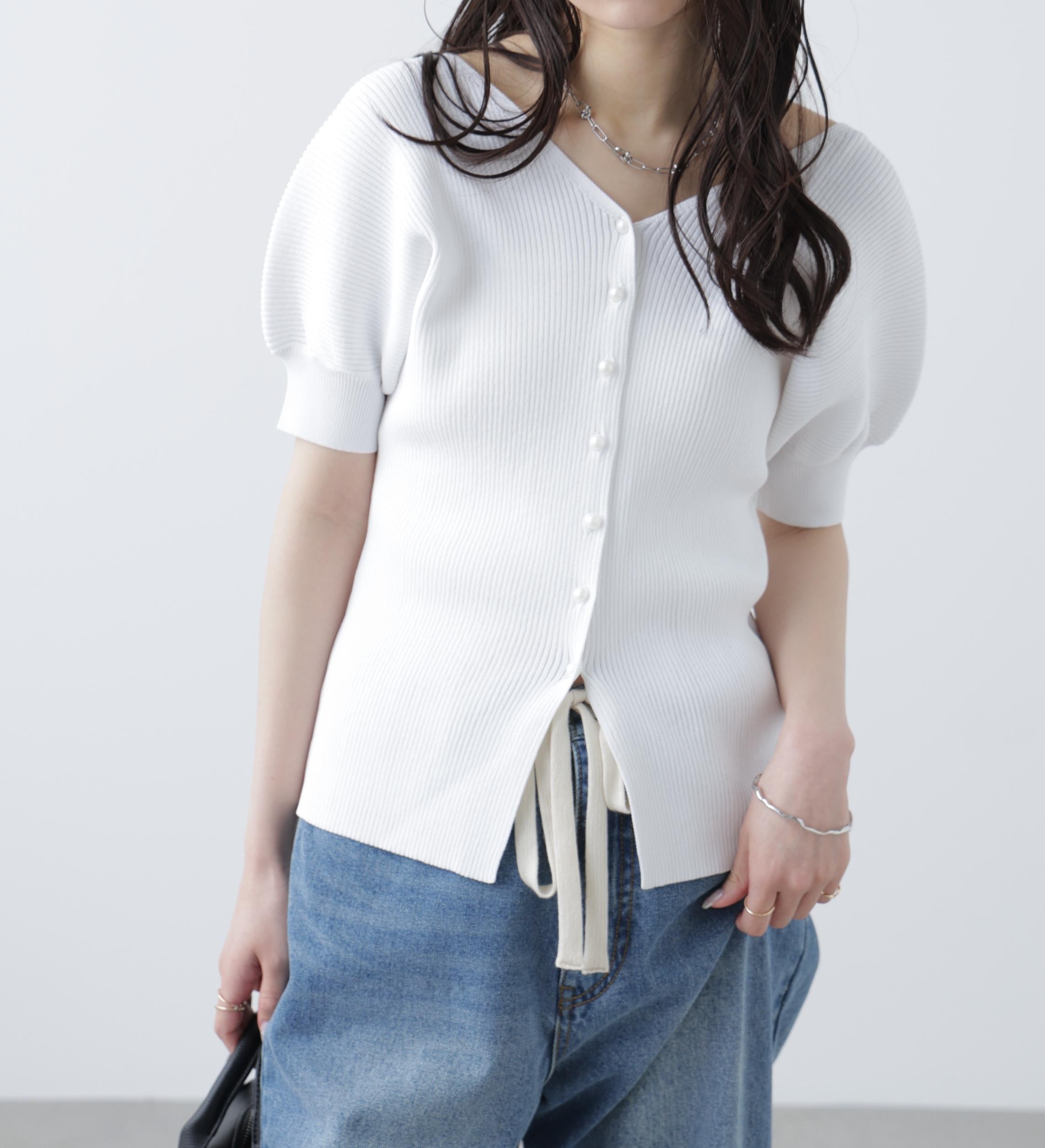 ［MFM］パールパフスリーブ半袖ニット シロ