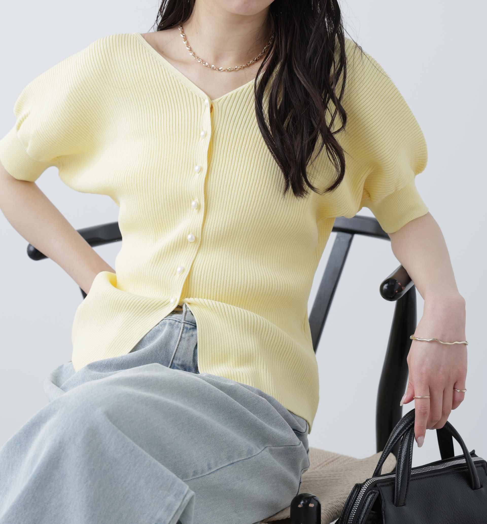 ［MFM］パールパフスリーブ半袖ニット イエロー