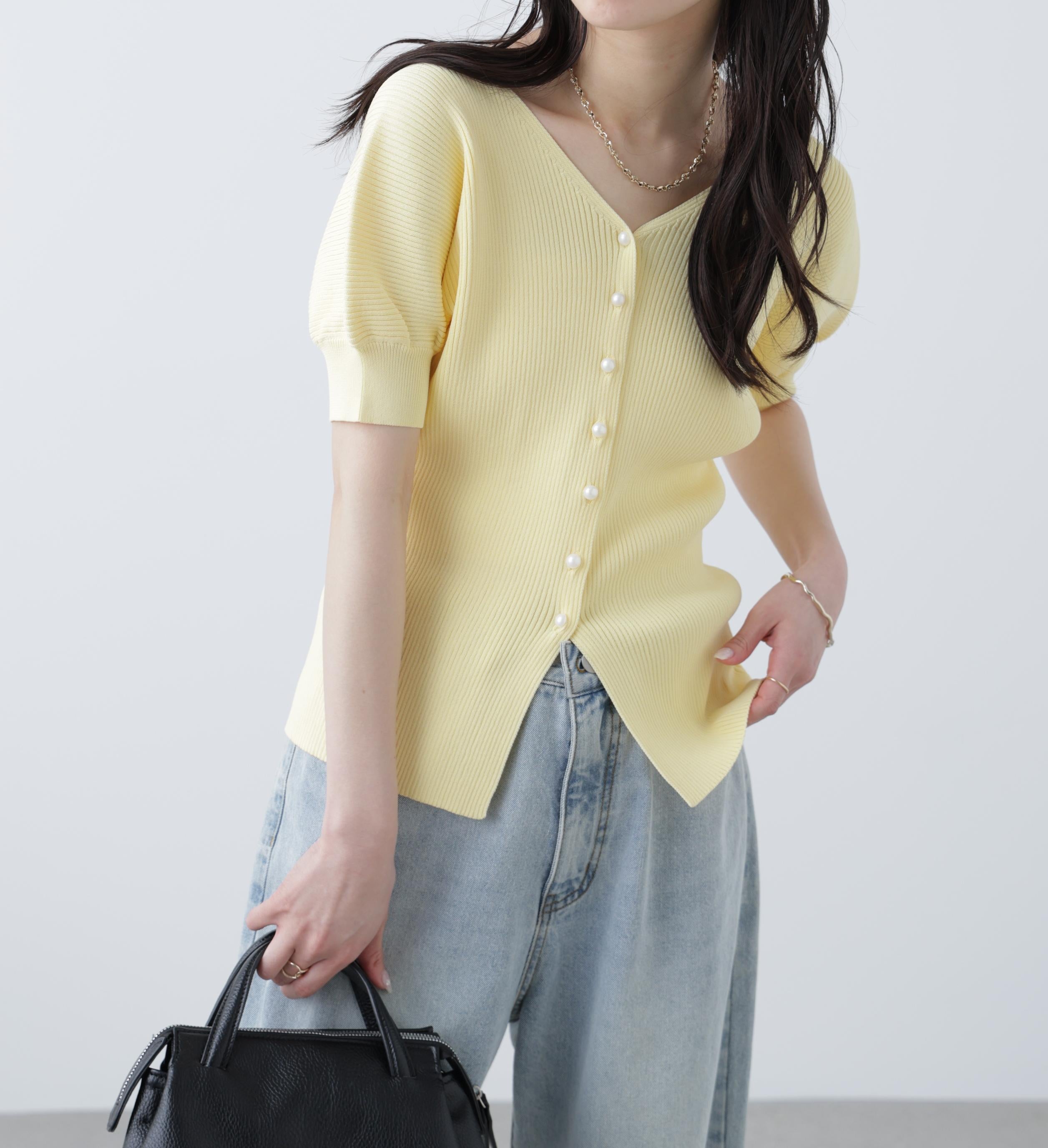 ［MFM］パールパフスリーブ半袖ニット イエロー