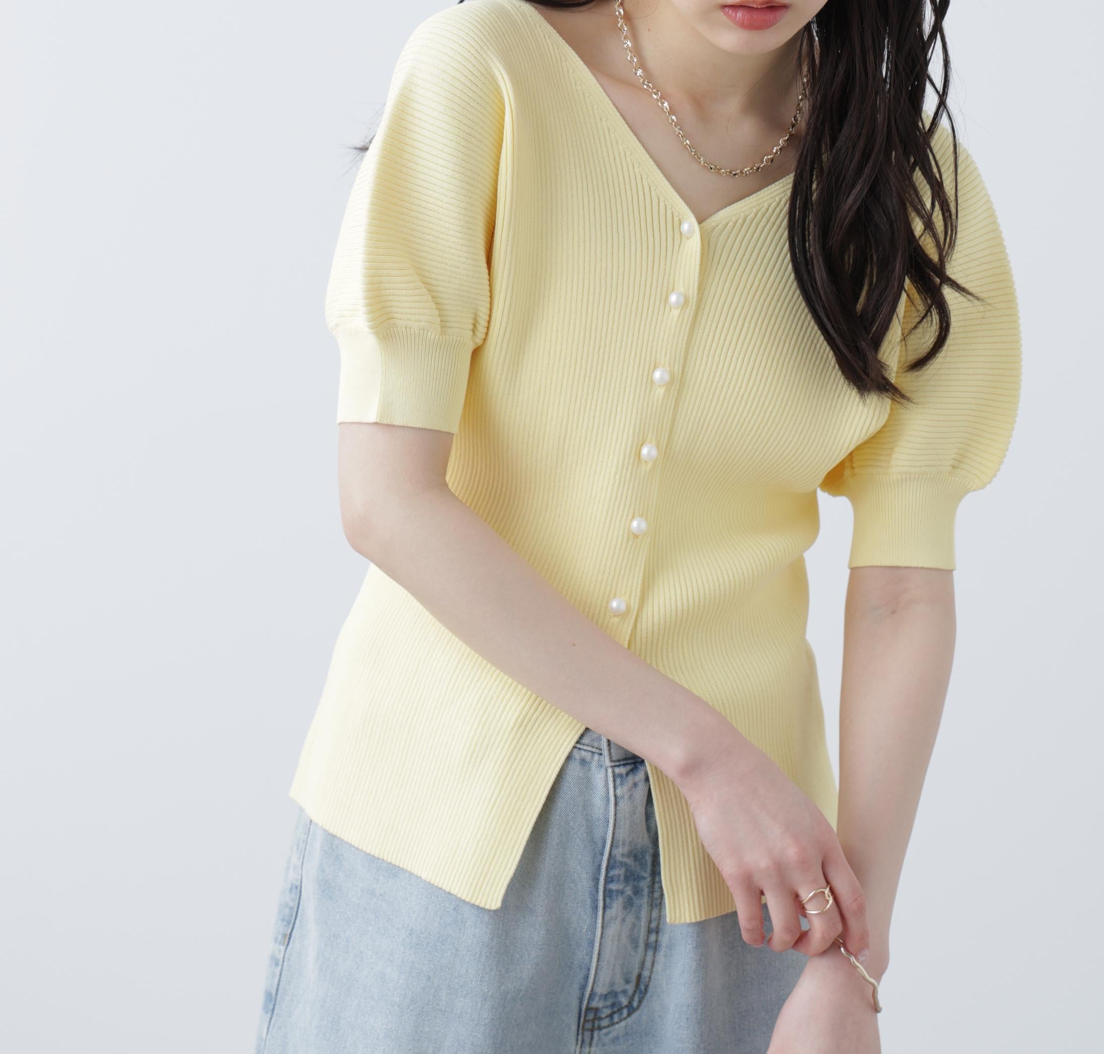 ［MFM］パールパフスリーブ半袖ニット イエロー