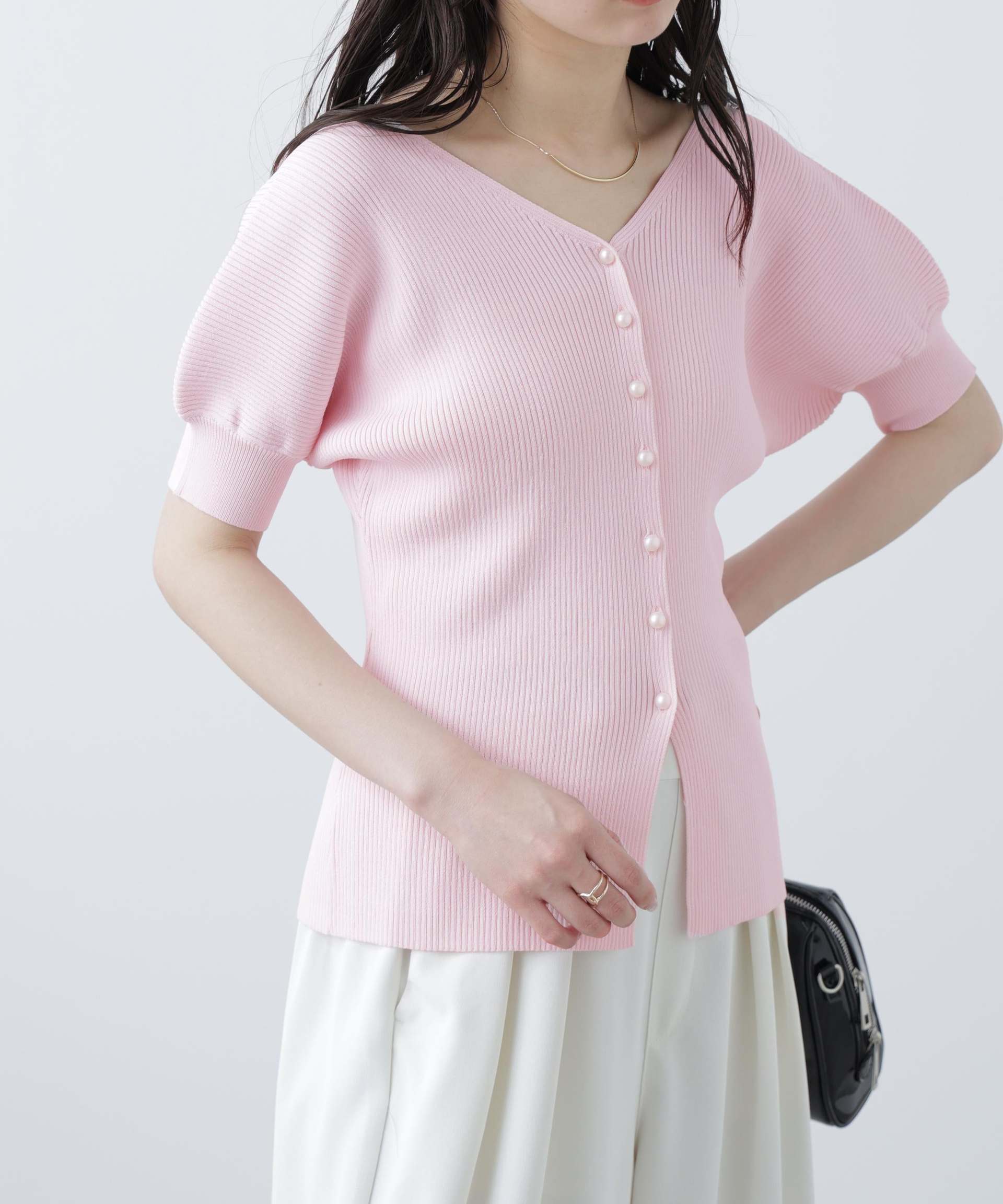 ［MFM］パールパフスリーブ半袖ニット うすいピンク