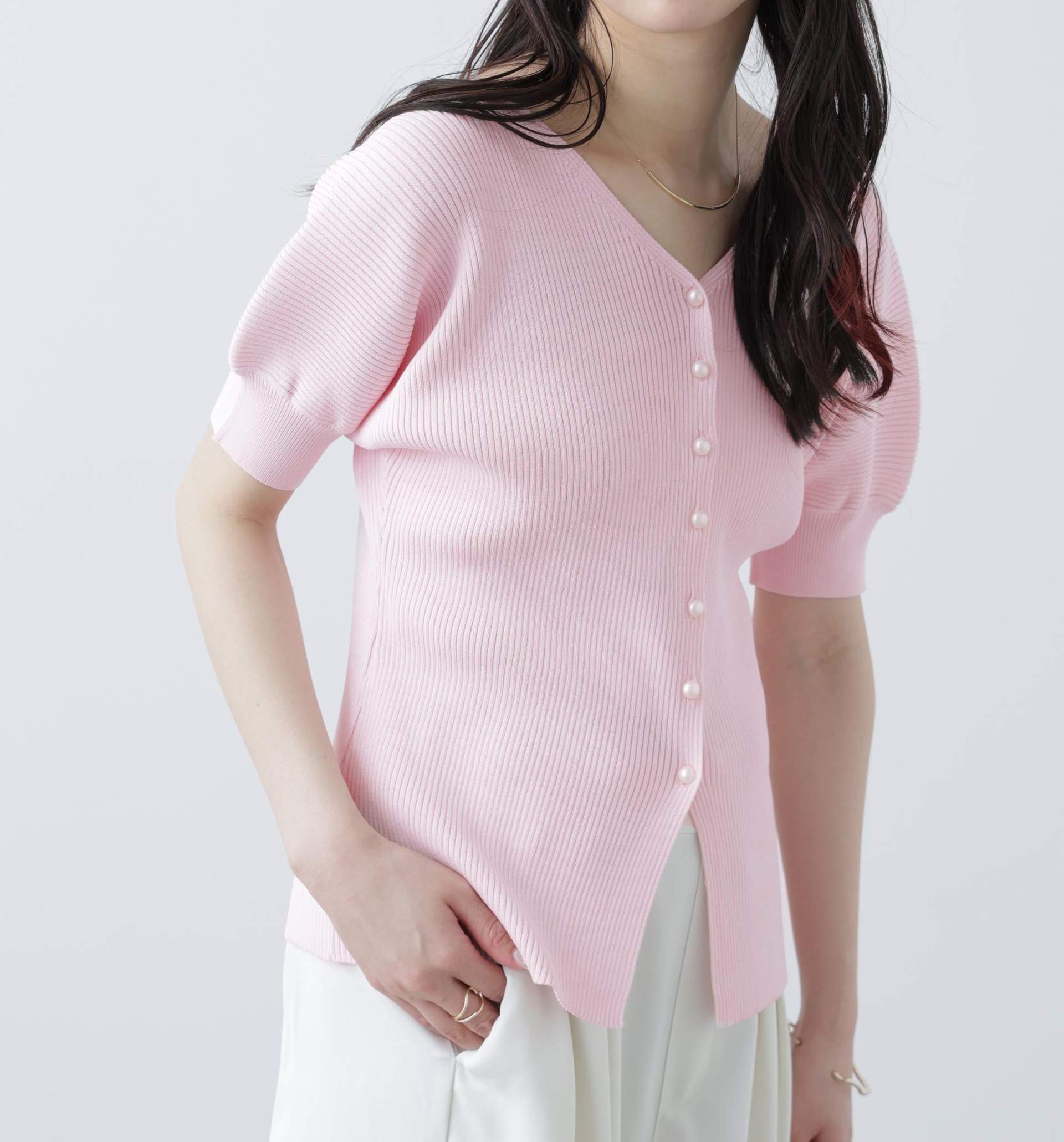 ［MFM］パールパフスリーブ半袖ニット うすいピンク